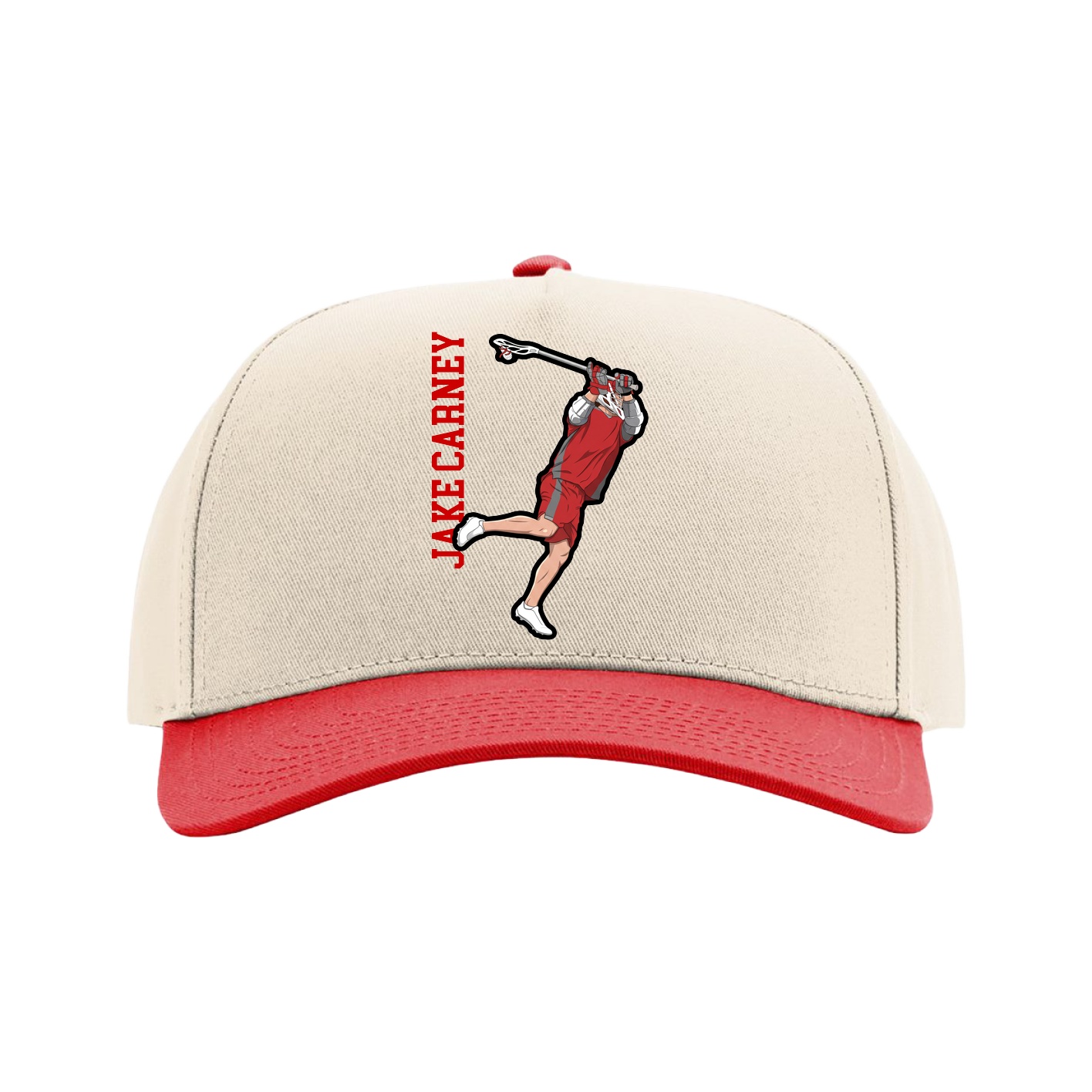 Full Fabric Five-Panel Champ Cap — Name Vertical in Cream/Red