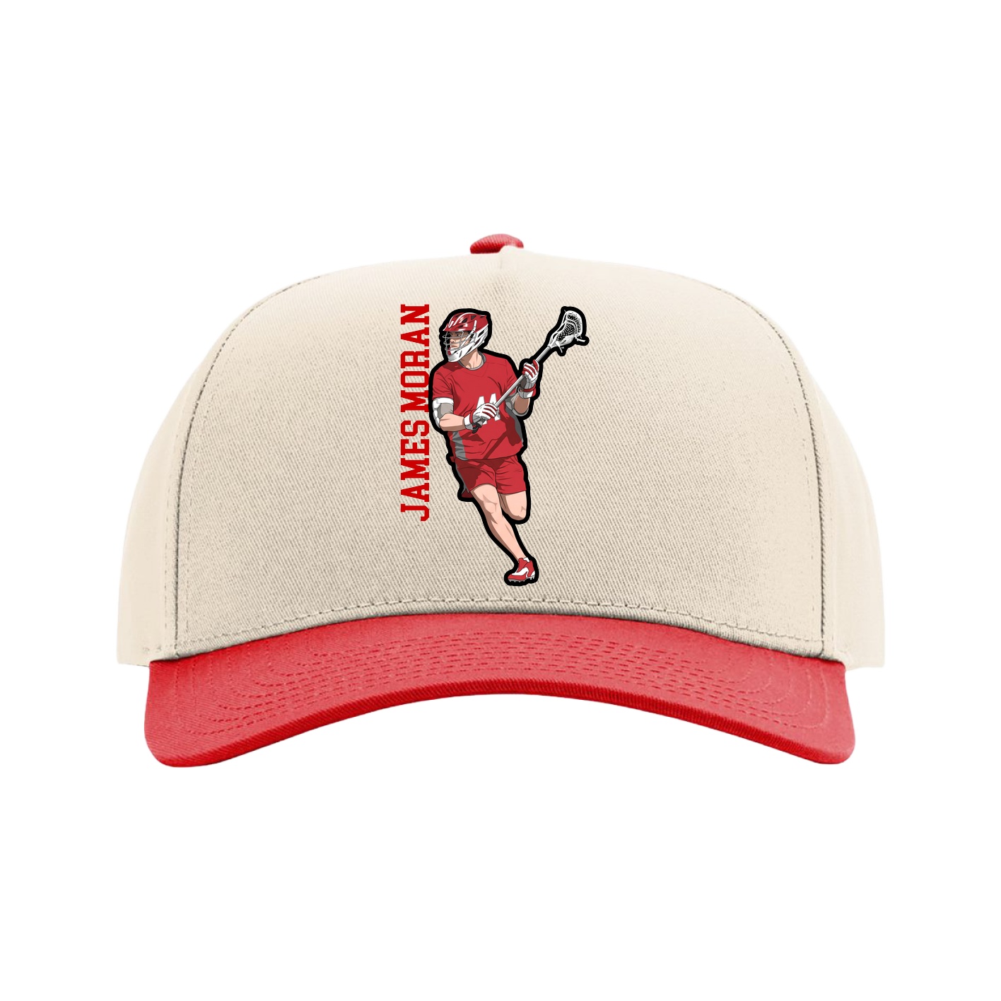 Full Fabric Five-Panel Champ Cap — Name Vertical in Cream/Red
