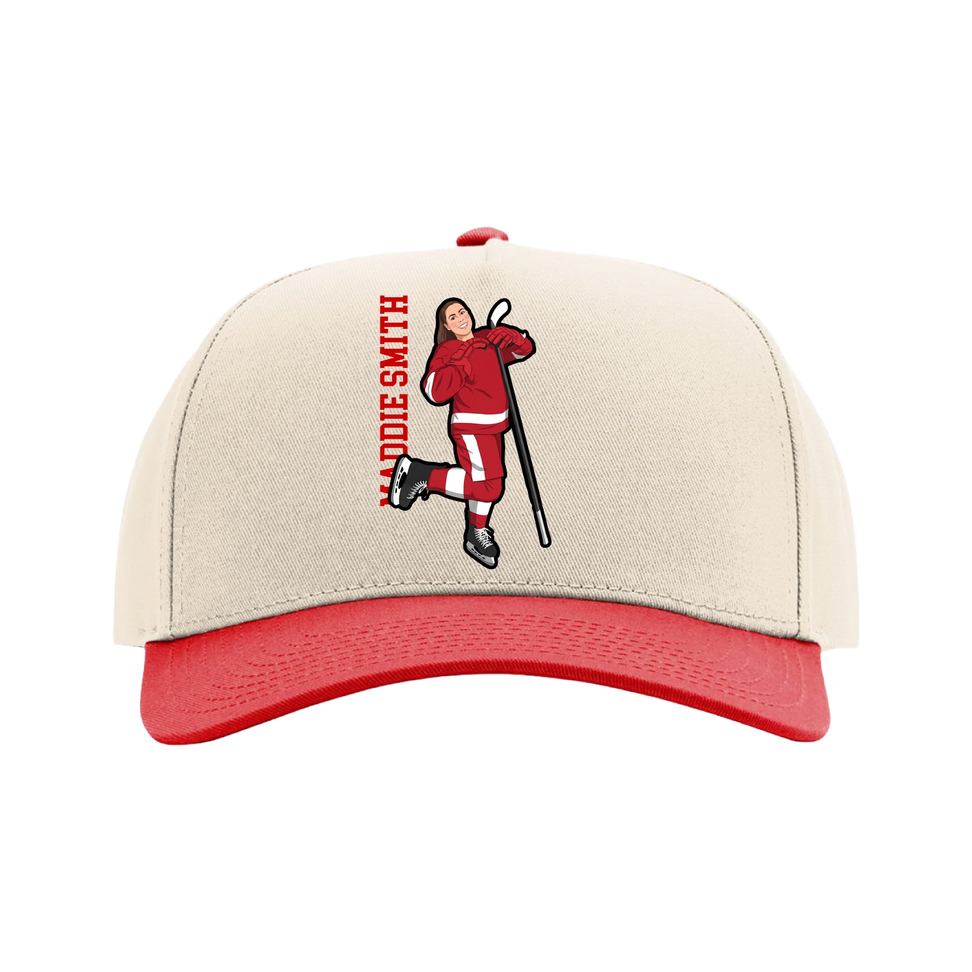 Full Fabric Five-Panel Champ Cap — Name Vertical in Cream/Red