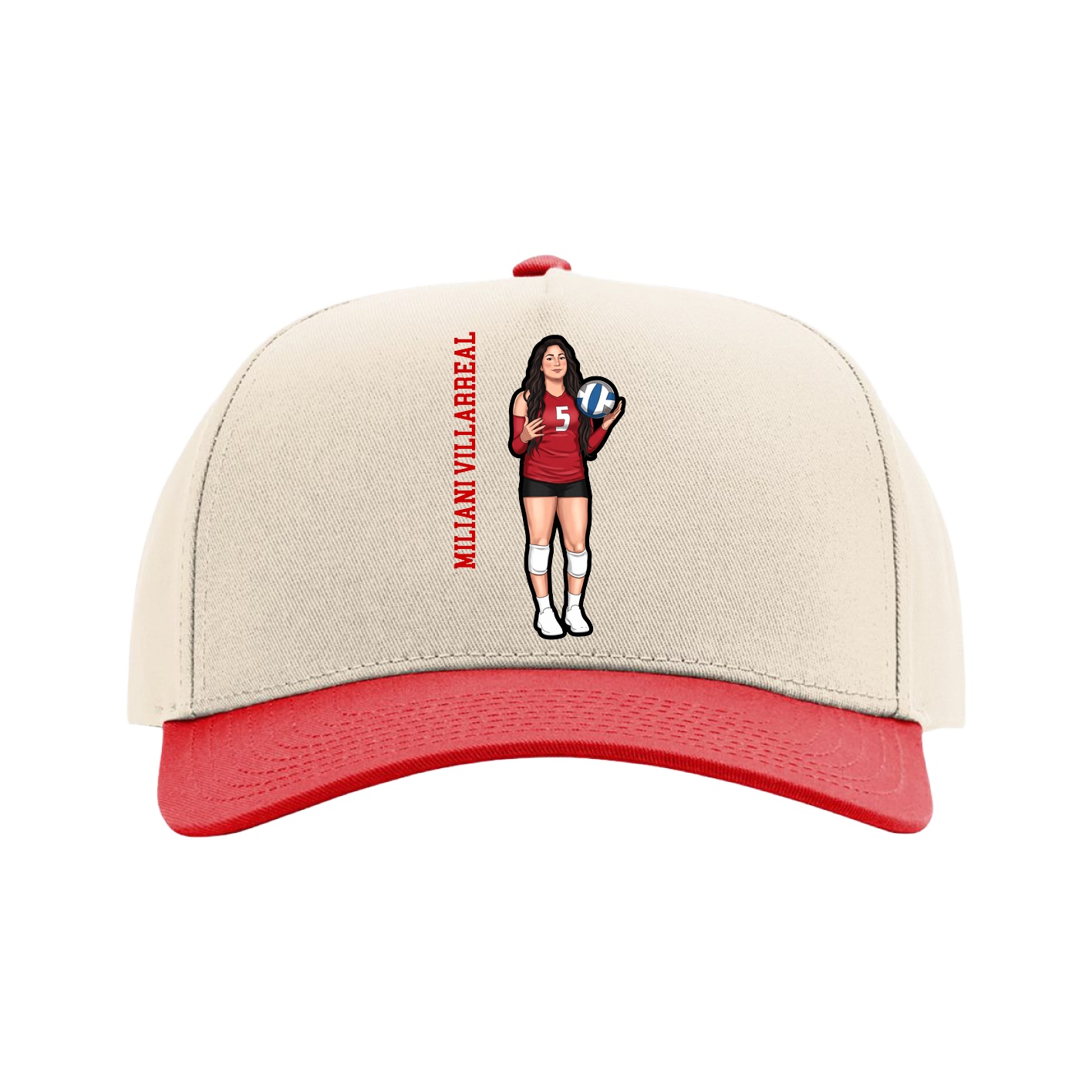 Full Fabric Five-Panel Champ Cap — Name Vertical in Cream/Red