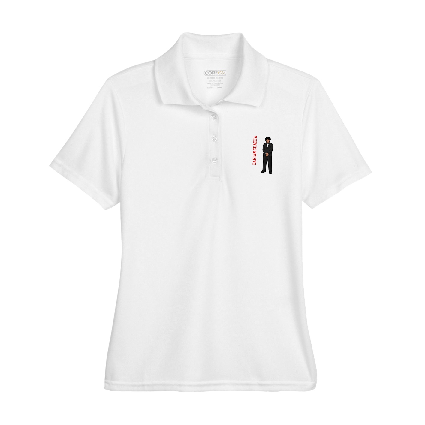 Womens Performance Polo — Name Vertical in White