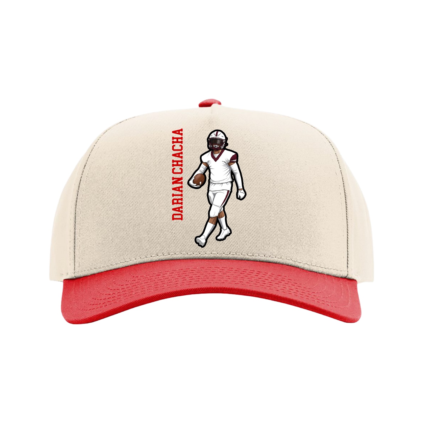 Full Fabric Five-Panel Champ Cap — Name Vertical in Cream/Red