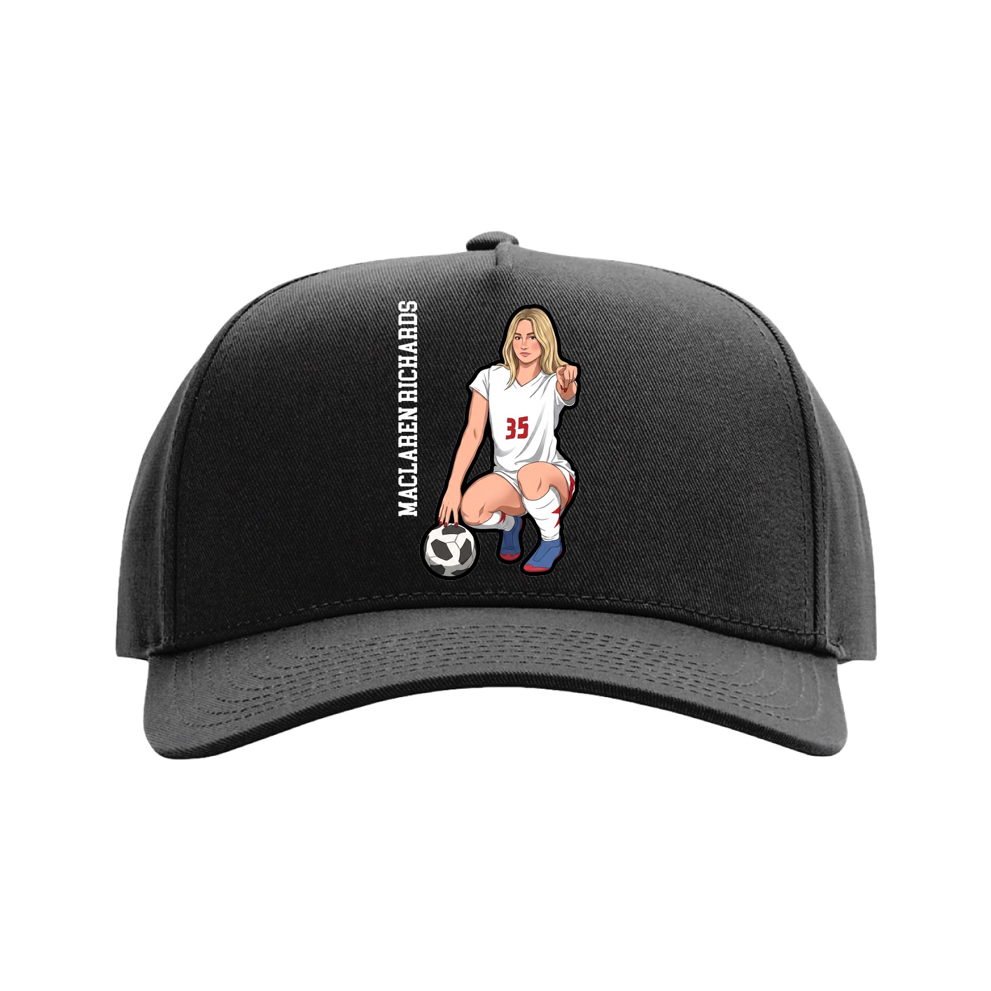Full Fabric Five-Panel Champ Cap — Name Vertical in Black