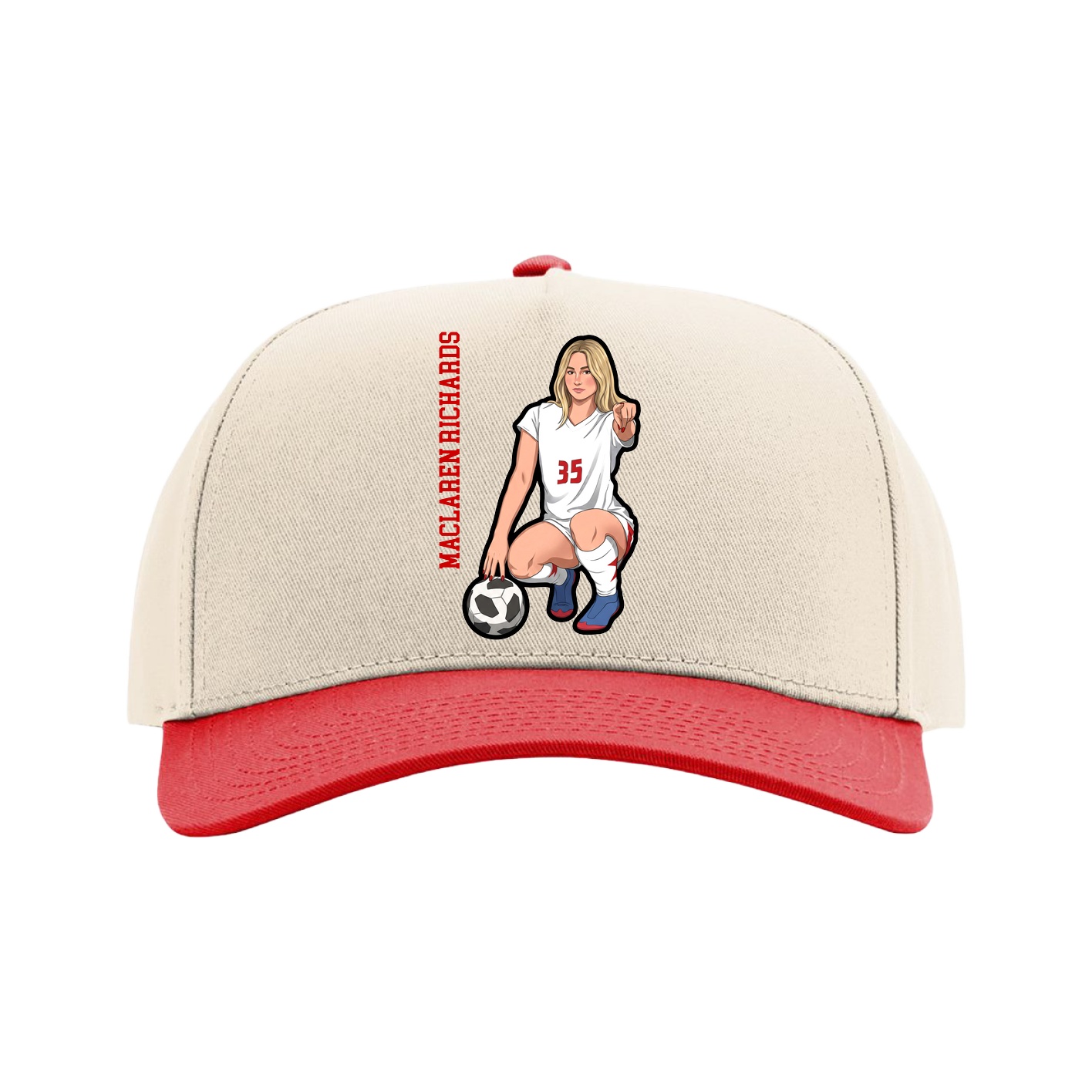 Full Fabric Five-Panel Champ Cap — Name Vertical in Cream/Red