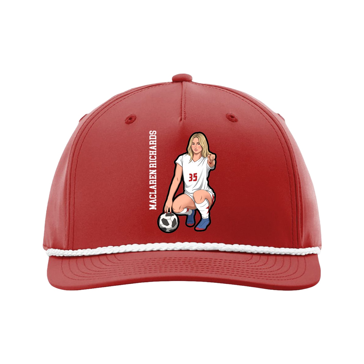 Five-Panel Classic Rope Cap — Name Vertical in Red