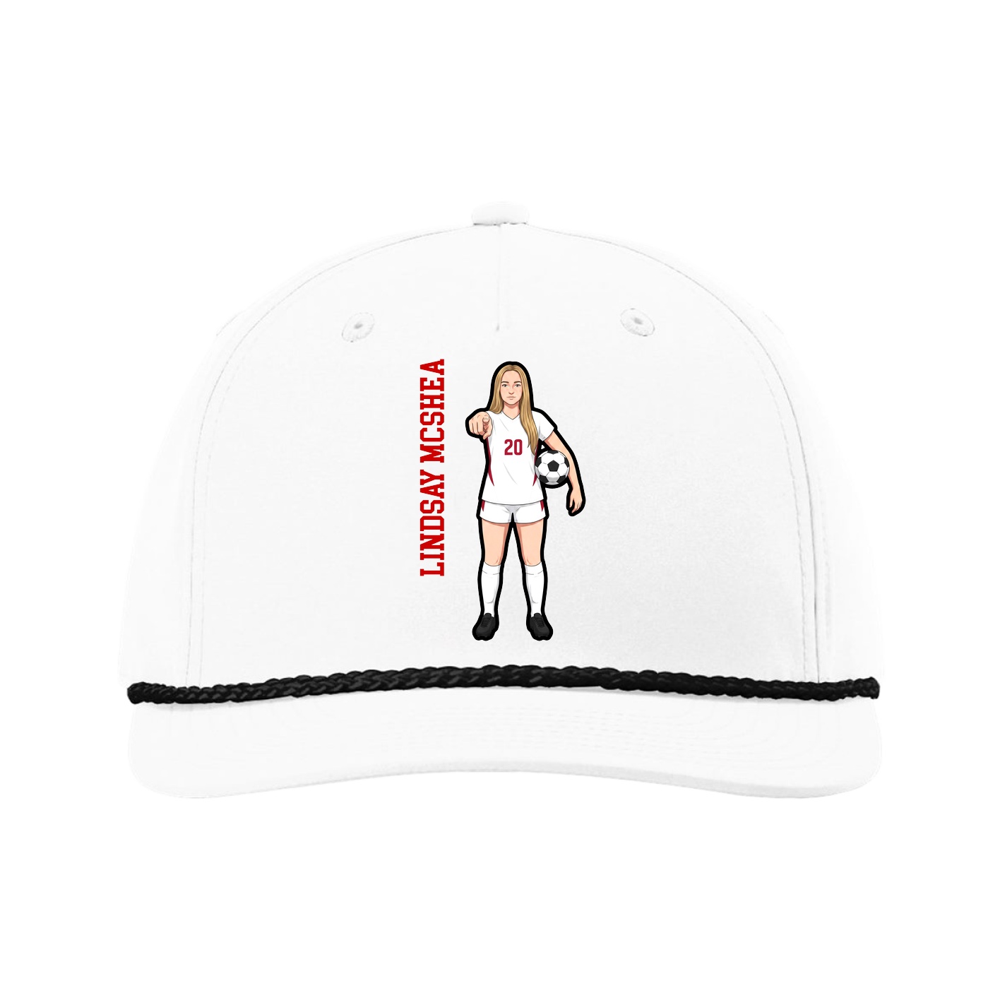Five-Panel Classic Rope Cap — Name Vertical in White