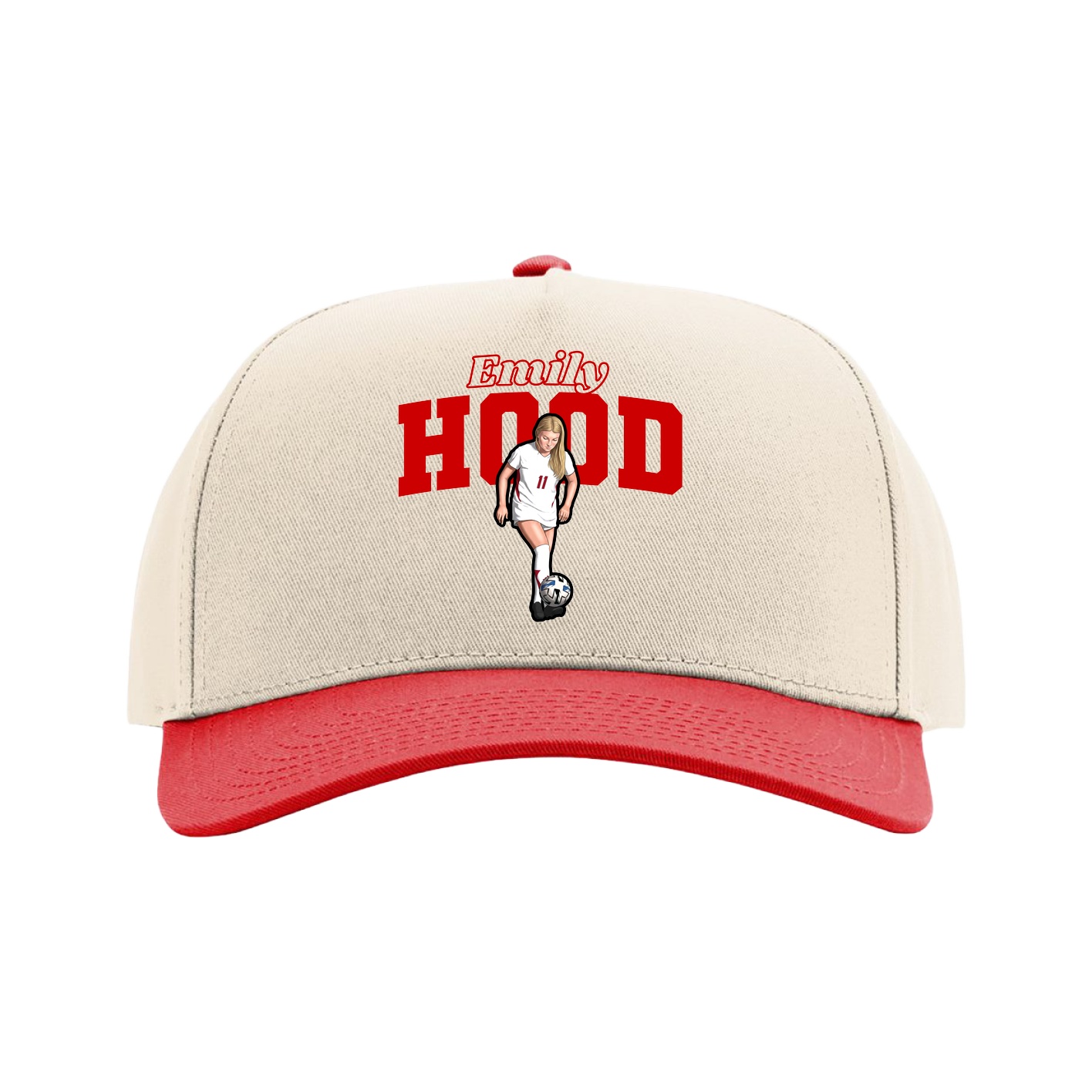 Full Fabric Five-Panel Champ Cap — Name Arch in Cream/Red