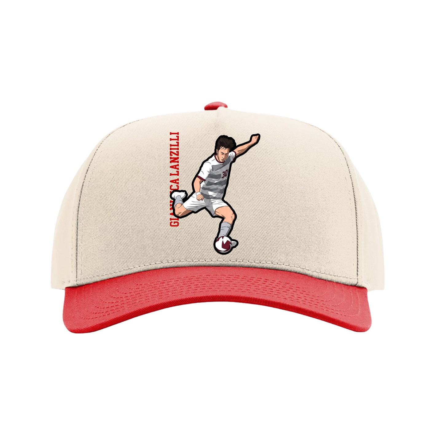 Full Fabric Five-Panel Champ Cap — Name Vertical in Cream/Red