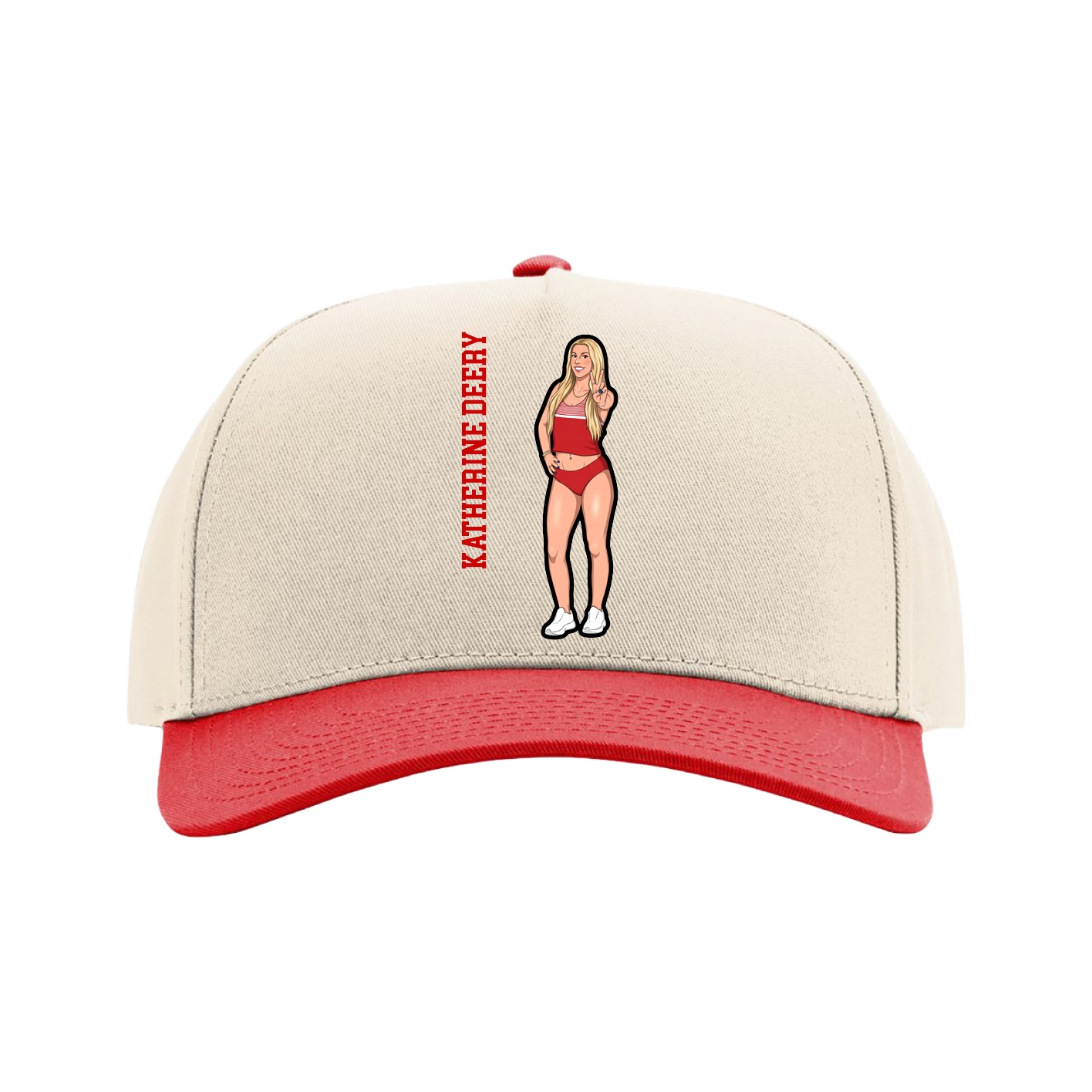 Full Fabric Five-Panel Champ Cap — Name Vertical in Cream/Red