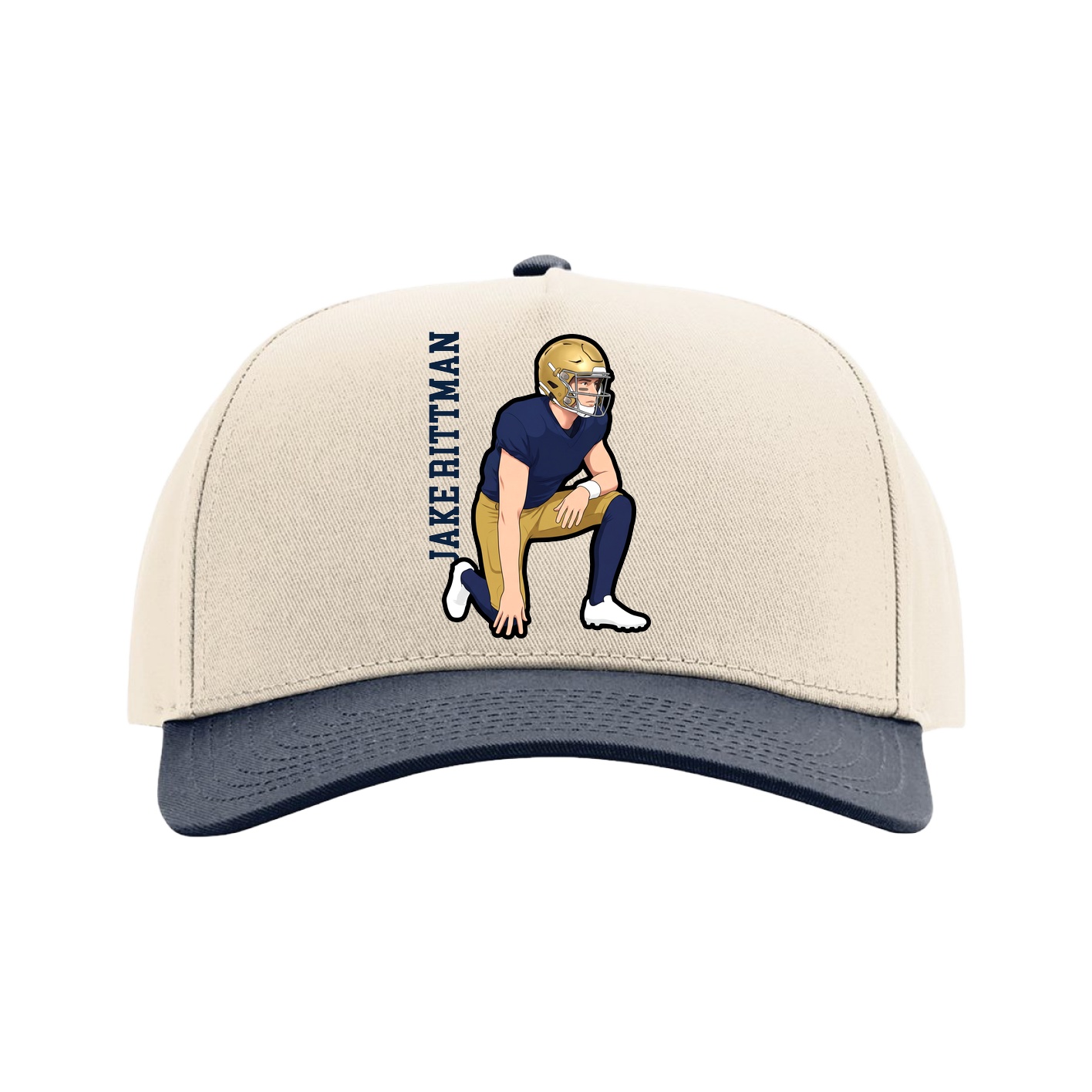 Full Fabric Five-Panel Champ Cap — Name Vertical in Cream/Navy
