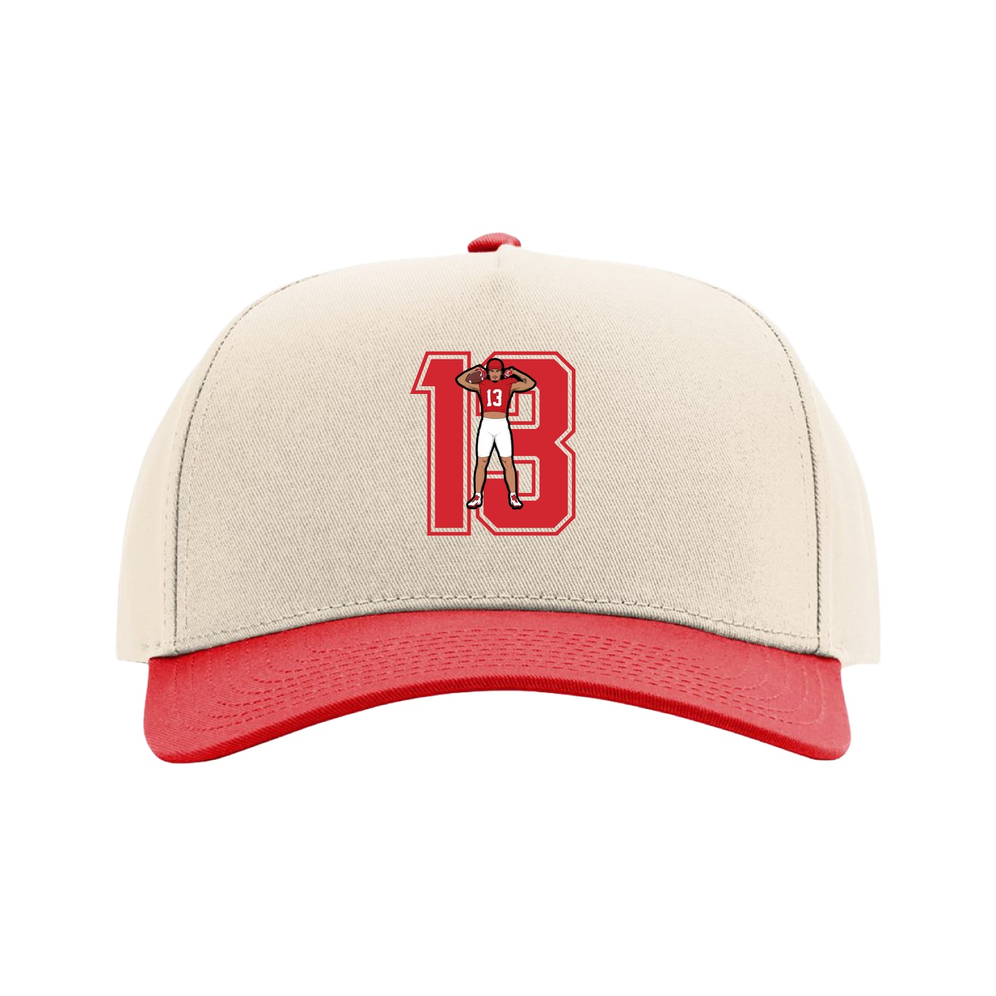 Full Fabric Five-Panel Champ Cap — Number in Cream/Red