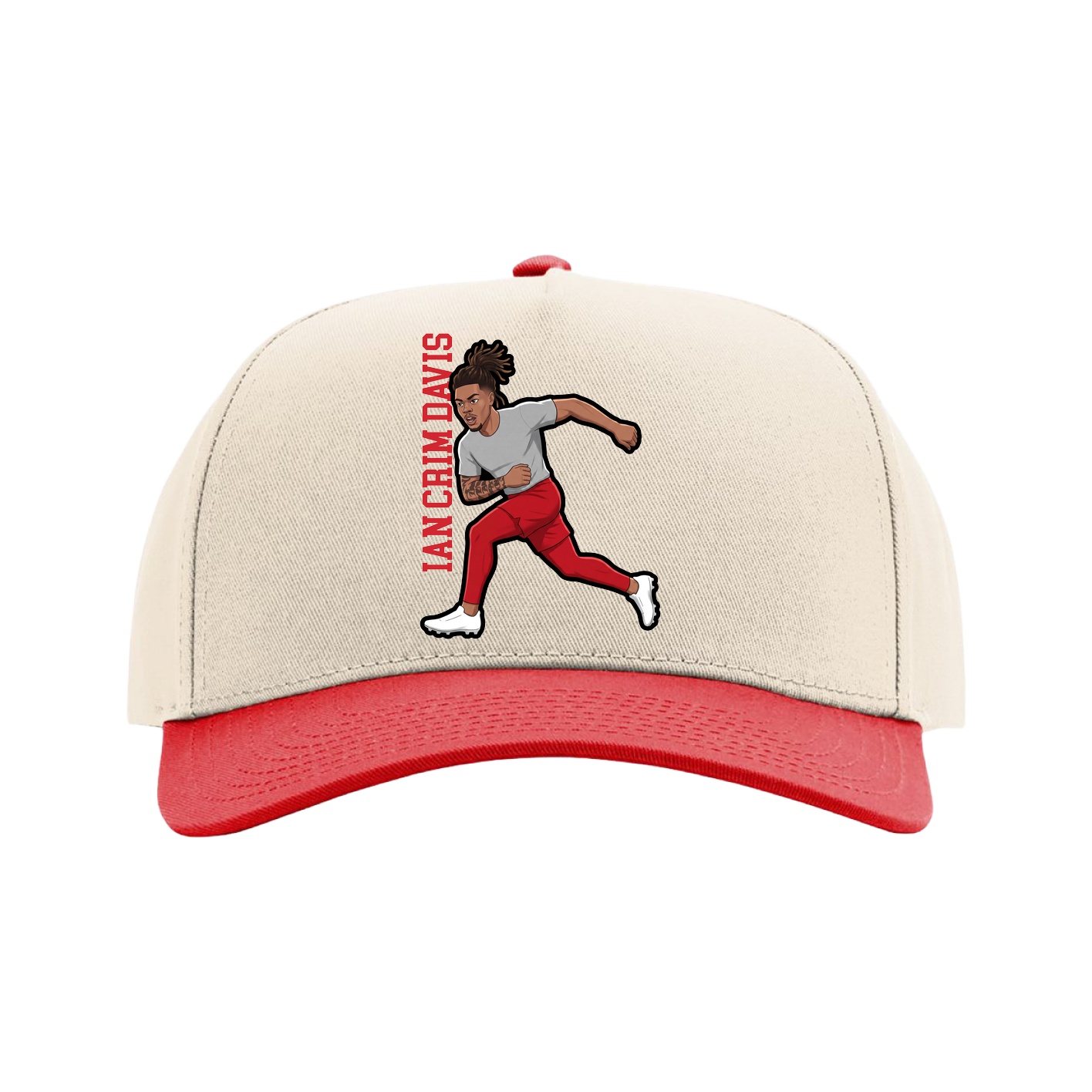 Full Fabric Five-Panel Champ Cap — Name Vertical in Cream/Red