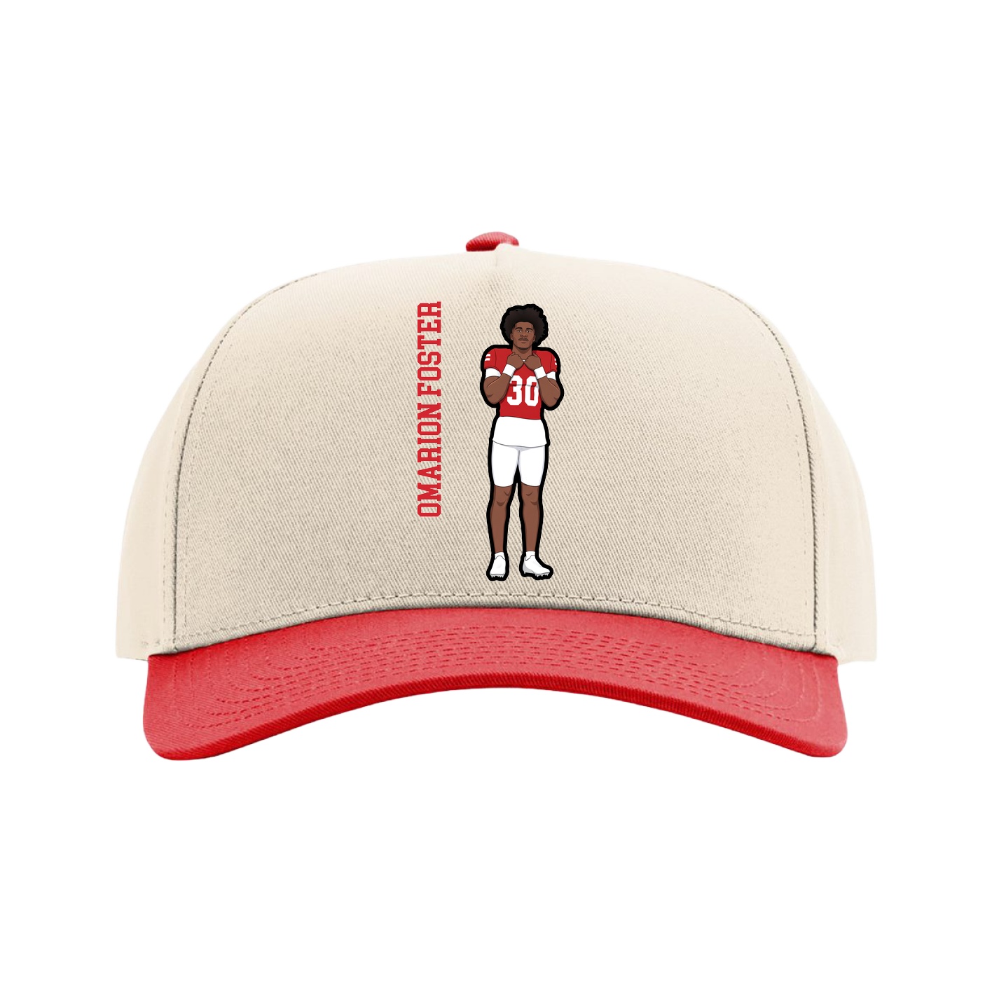 Full Fabric Five-Panel Champ Cap — Name Vertical in Cream/Red