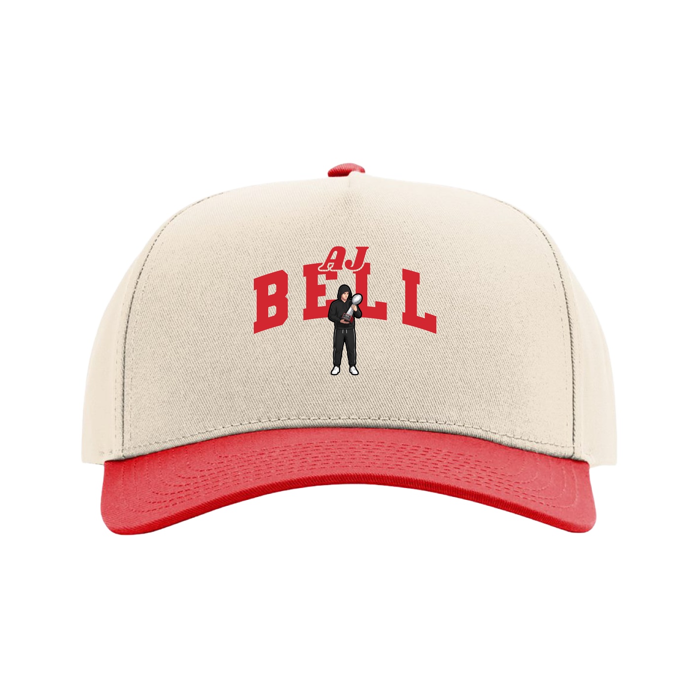 Full Fabric Five-Panel Champ Cap — Signature Arch in Cream/Red