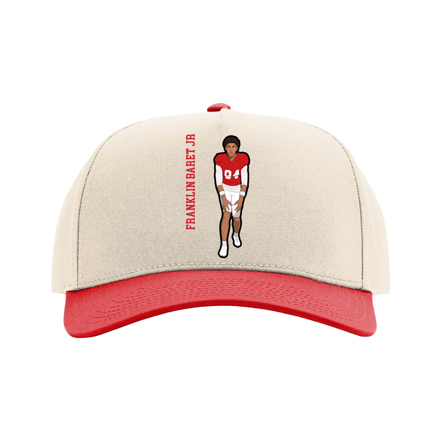 Full Fabric Five-Panel Champ Cap — Name Vertical in Cream/Red