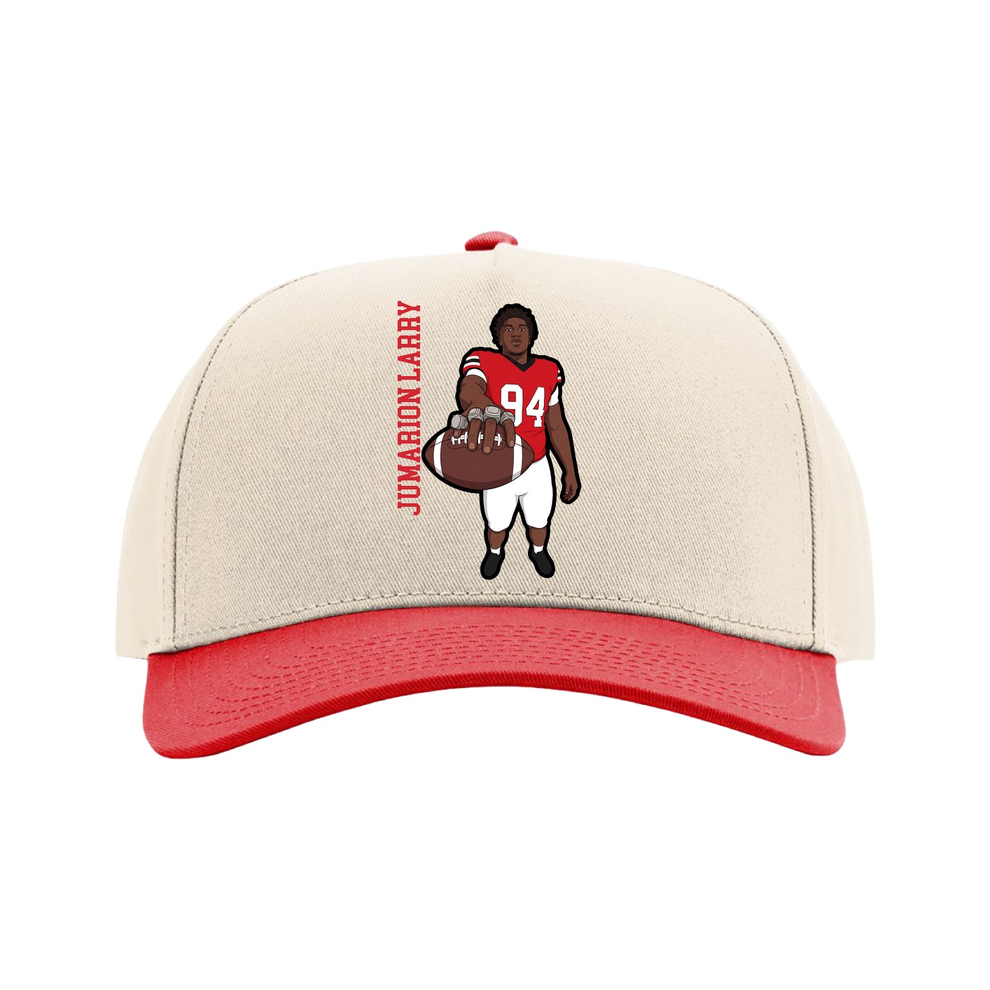Full Fabric Five-Panel Champ Cap — Name Vertical in Cream/Red