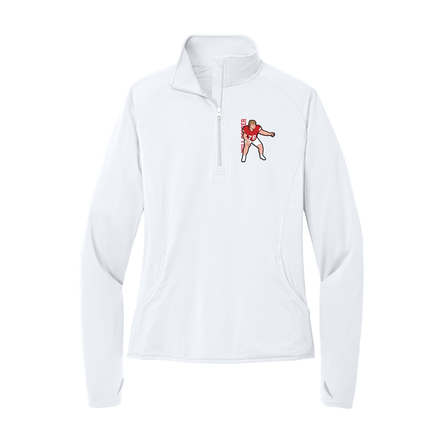 Women's Q-Zip Pullover — Name Vertical in White