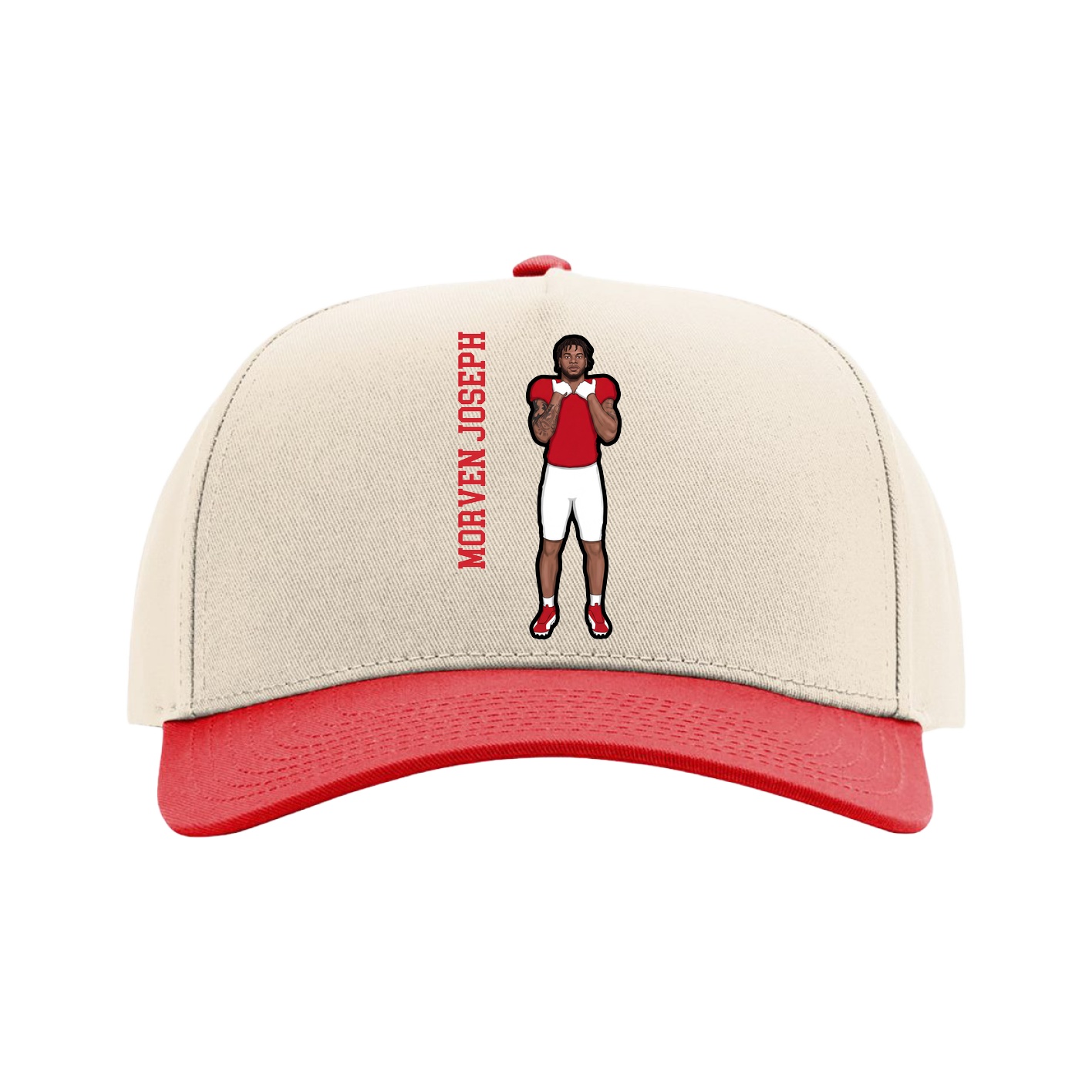 Full Fabric Five-Panel Champ Cap — Name Vertical in Cream/Red