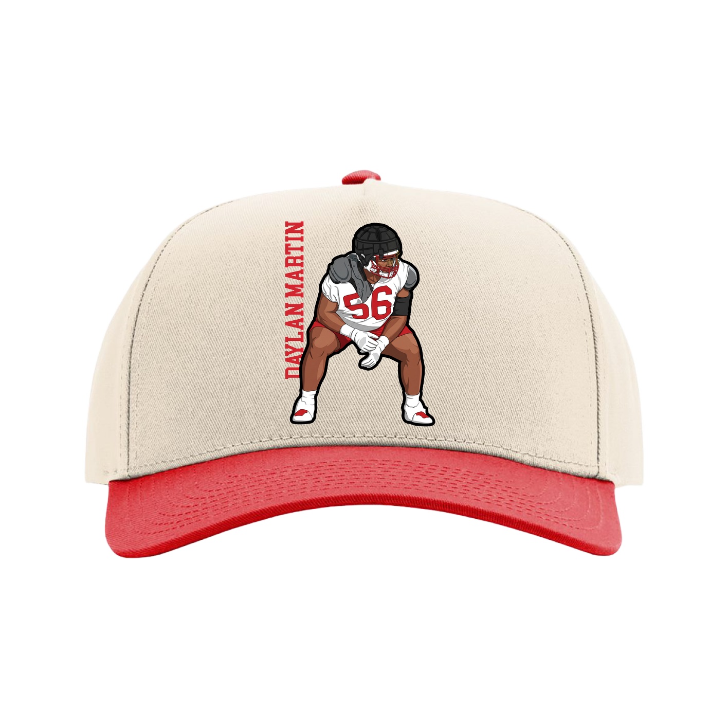 Full Fabric Five-Panel Champ Cap — Name Vertical in Cream/Red