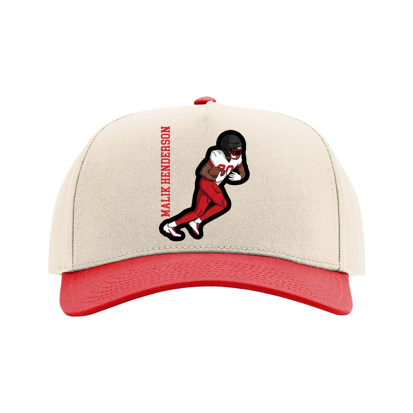 Full Fabric Five-Panel Champ Cap — Name Vertical in Cream/Red