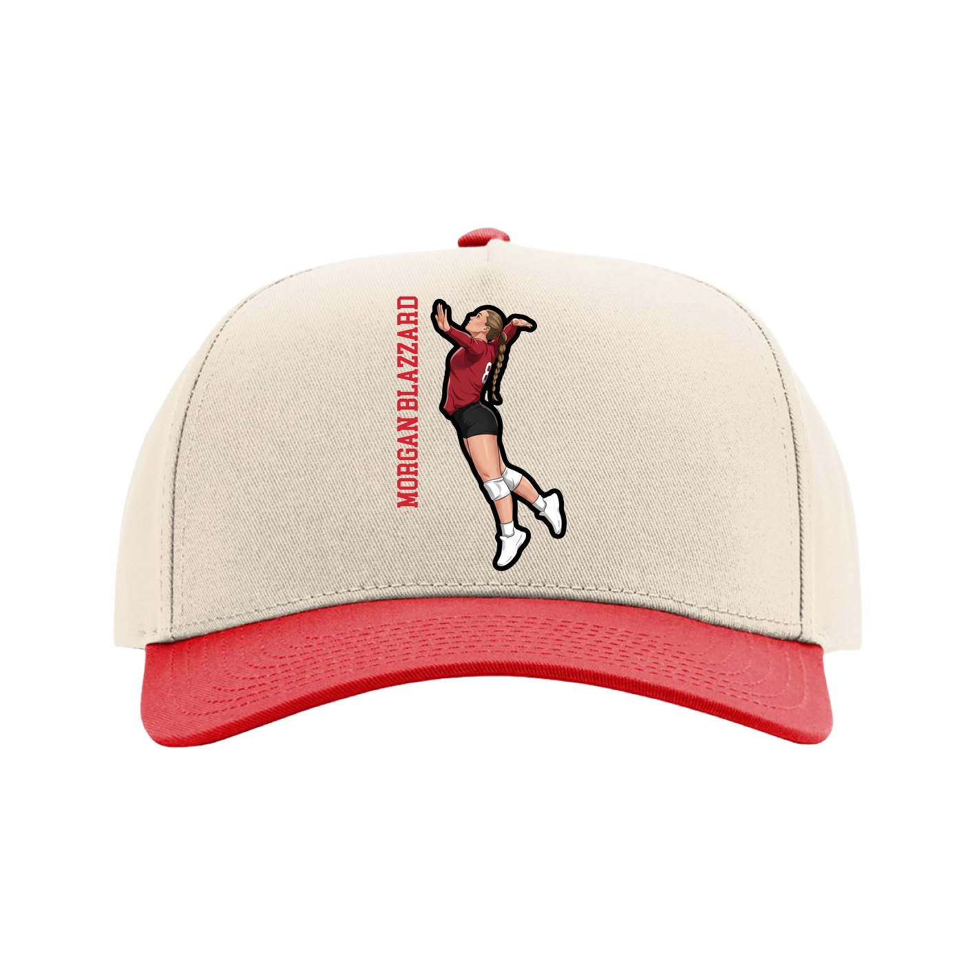 Full Fabric Five-Panel Champ Cap — Name Vertical in Cream/Red