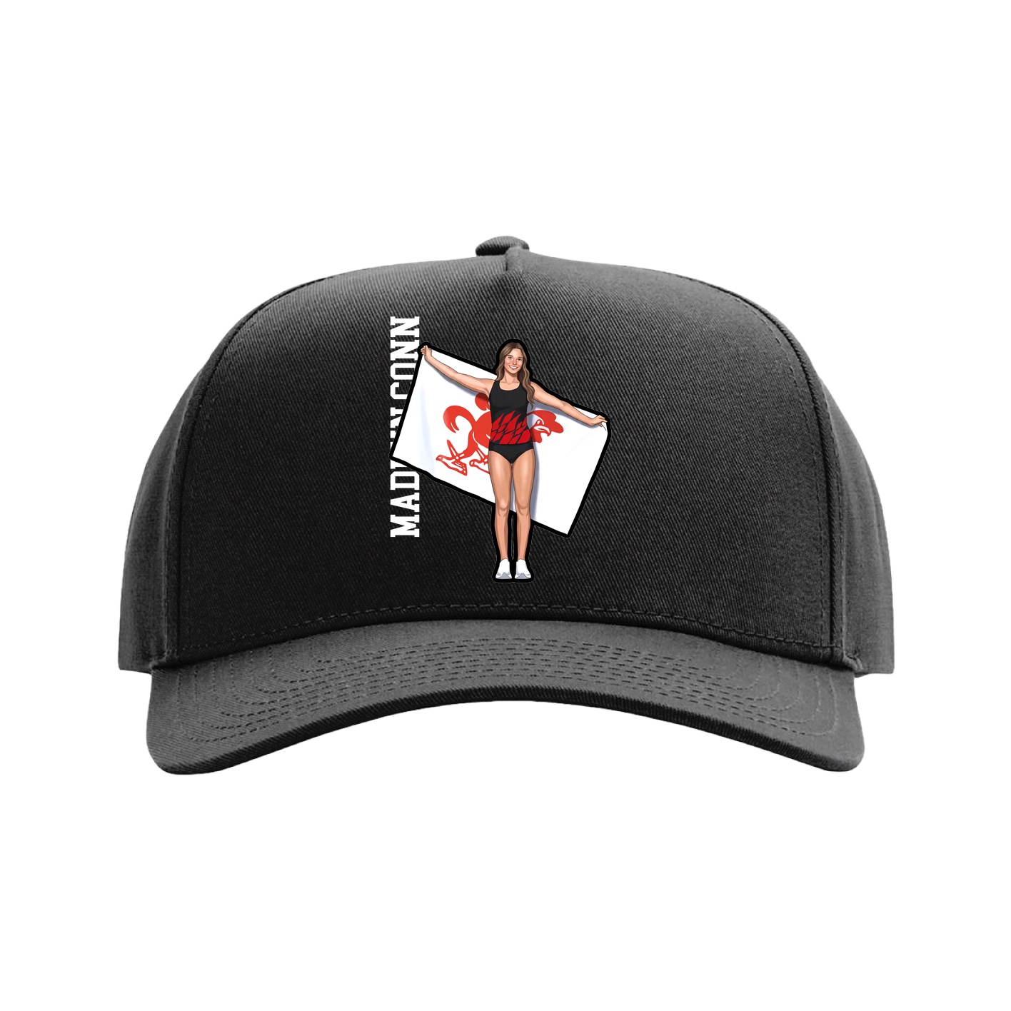 Full Fabric Five-Panel Champ Cap — Name Vertical in Black