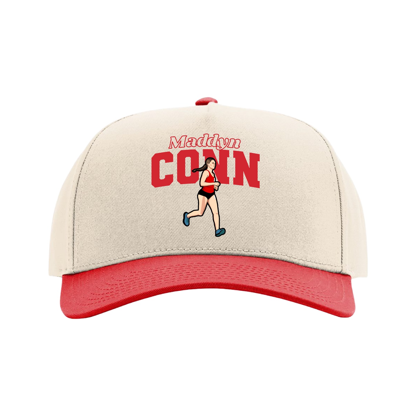 Full Fabric Five-Panel Champ Cap — Name Arch in Cream/Red