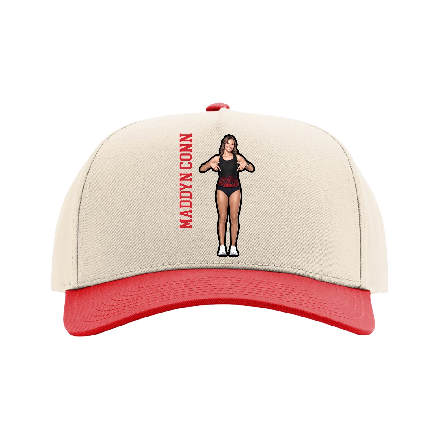 Full Fabric Five-Panel Champ Cap — Name Vertical in Cream/Red