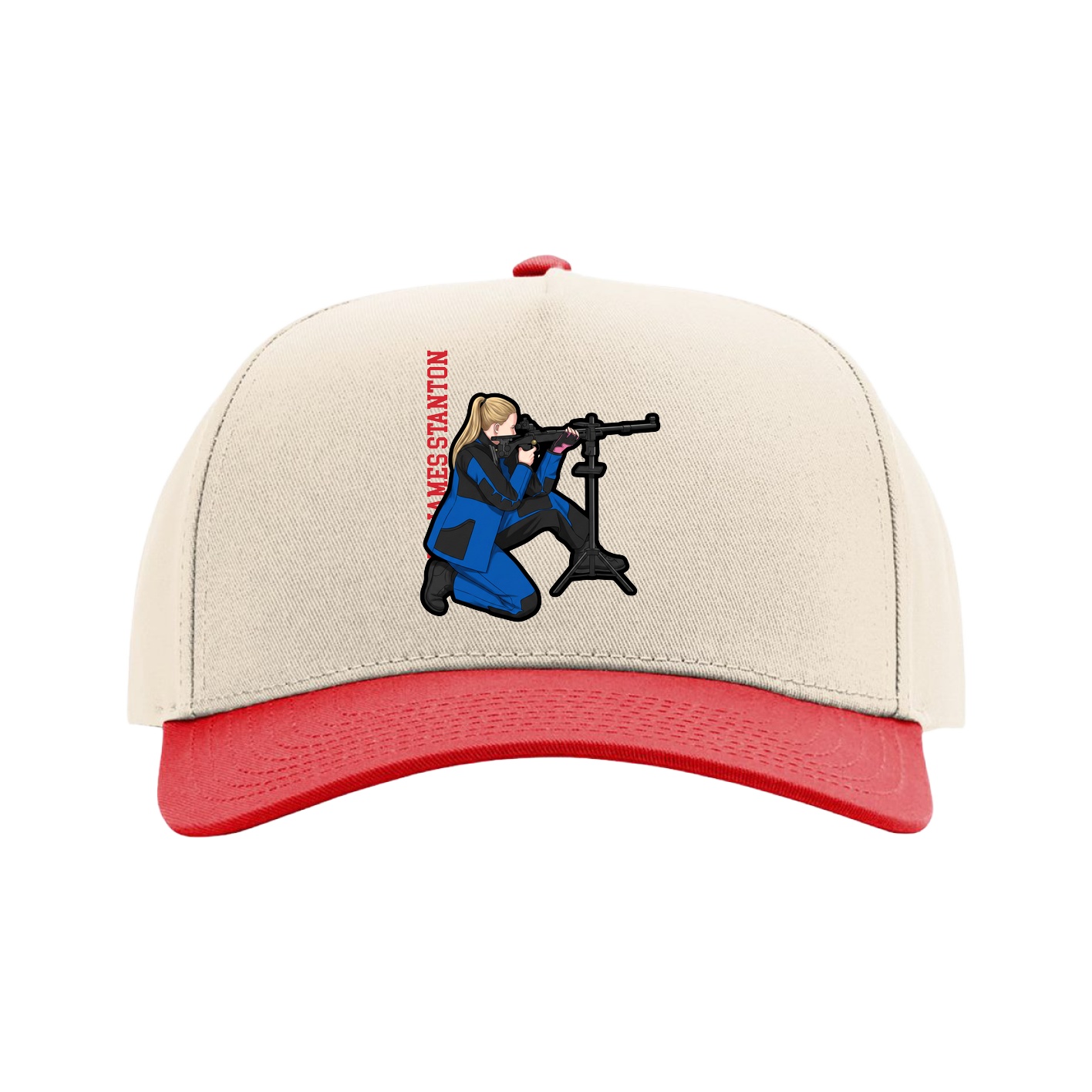 Full Fabric Five-Panel Champ Cap — Name Vertical in Cream/Red