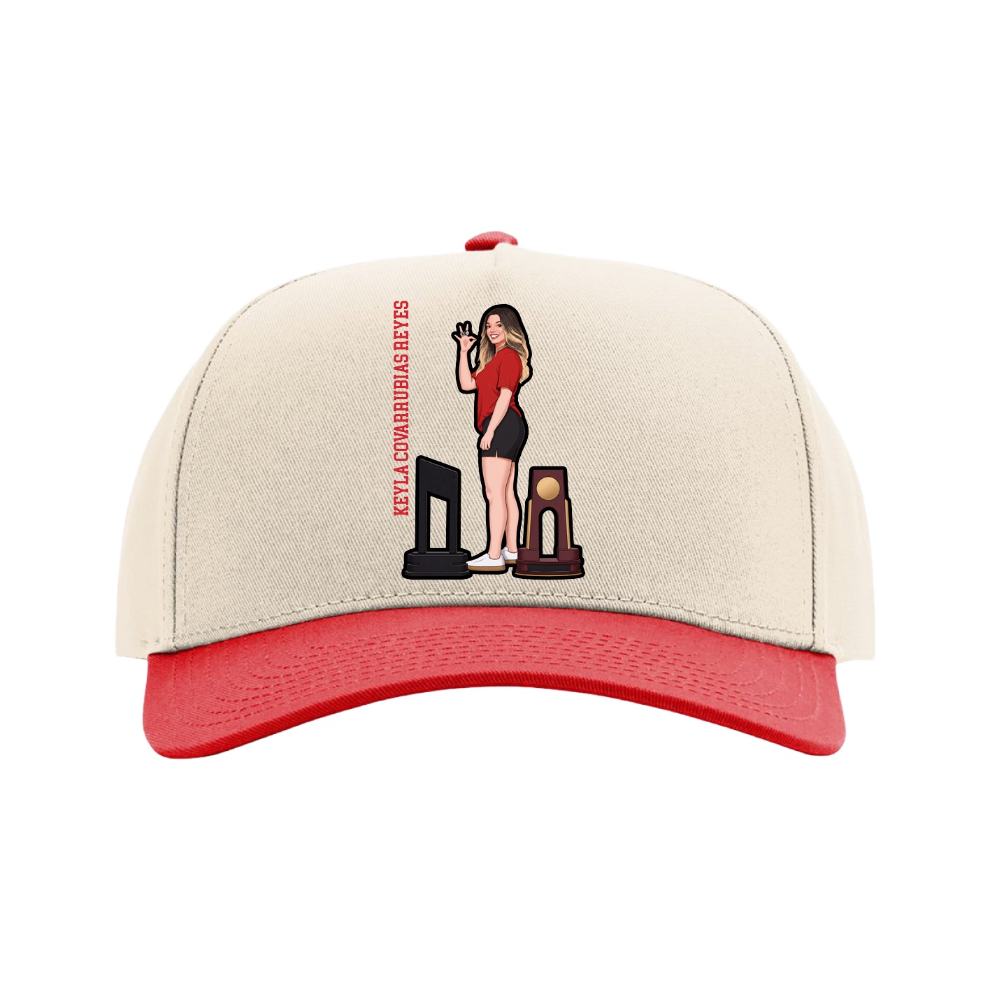 Full Fabric Five-Panel Champ Cap — Name Vertical in Cream/Red
