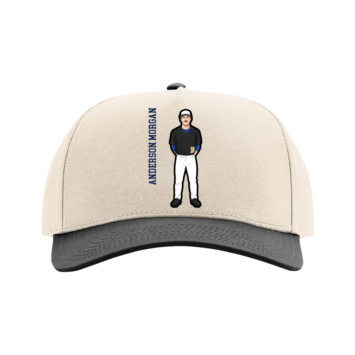 Full Fabric Five-Panel Champ Cap — Name Vertical in Cream/Black
