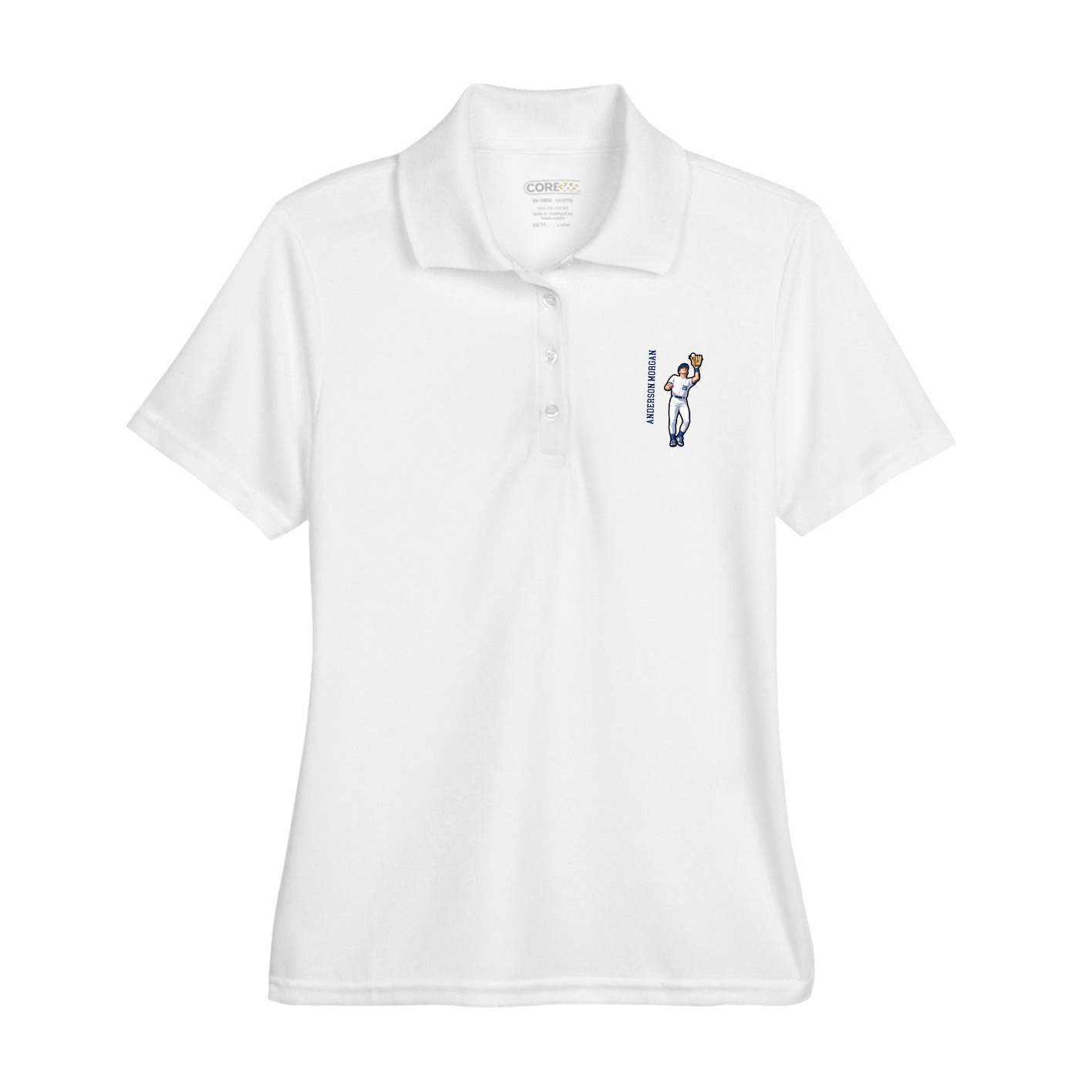 Womens Performance Polo — Name Vertical in White