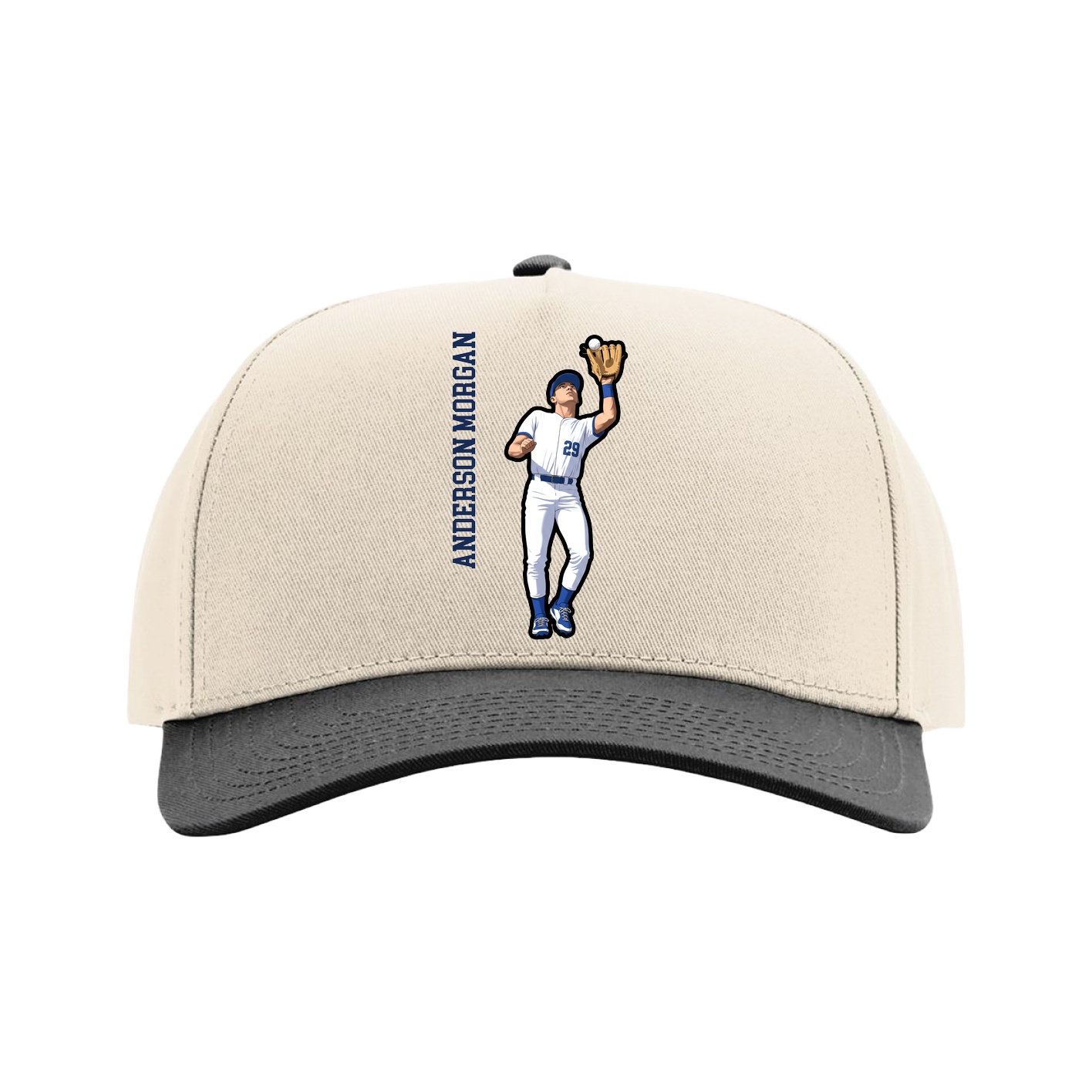 Full Fabric Five-Panel Champ Cap — Name Vertical in Cream/Black