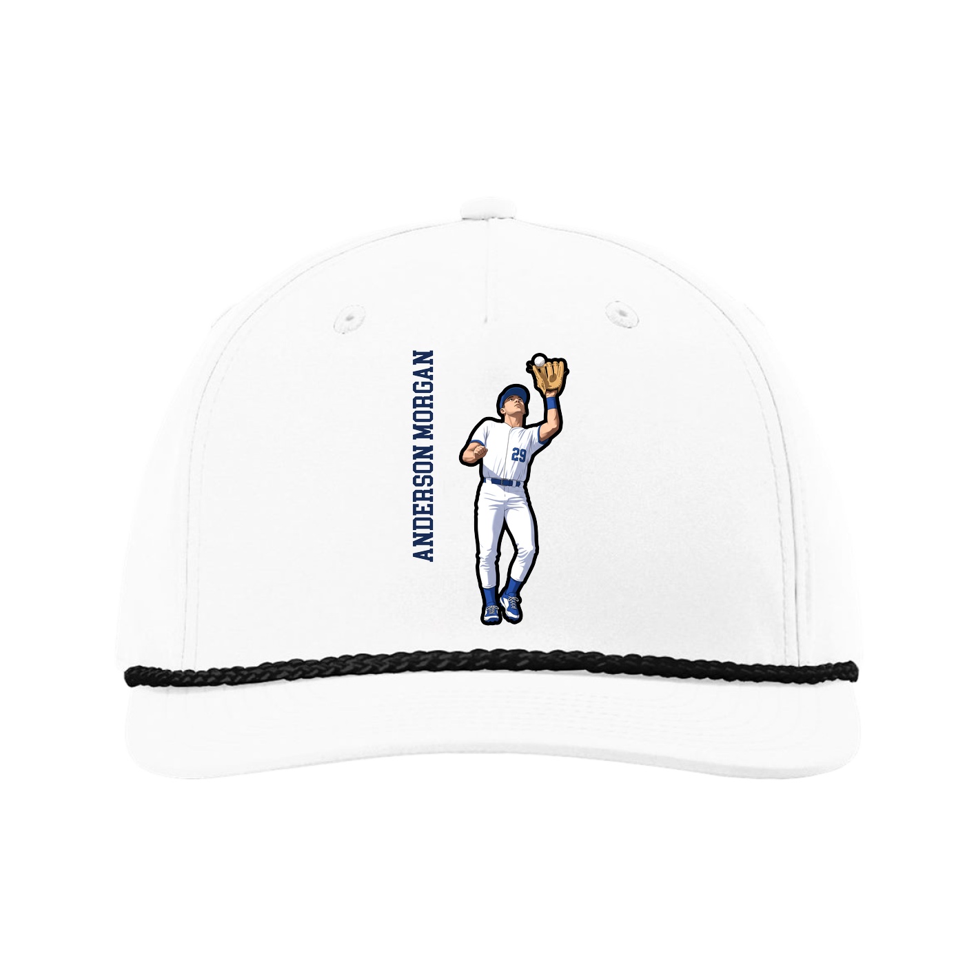 Five-Panel Classic Rope Cap — Name Vertical in White
