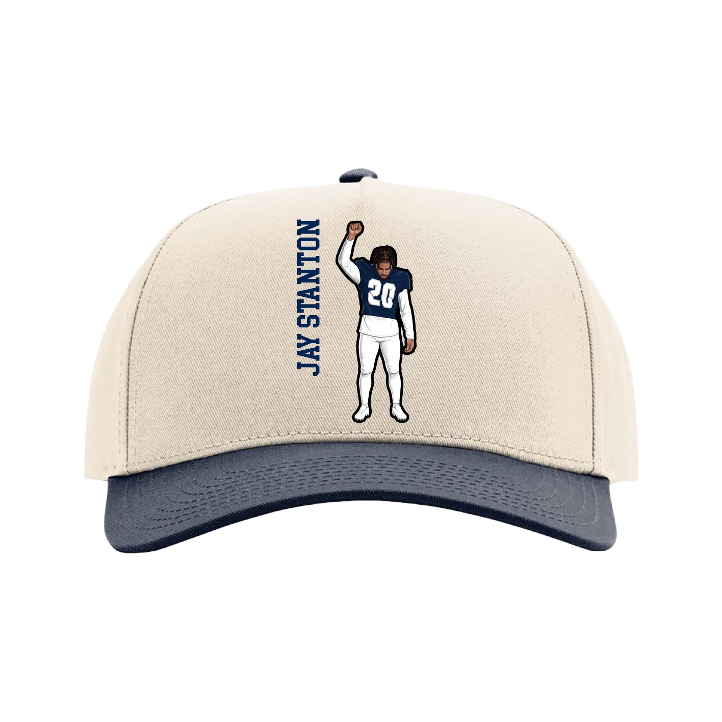 Full Fabric Five-Panel Champ Cap — Name Vertical in Cream/Navy