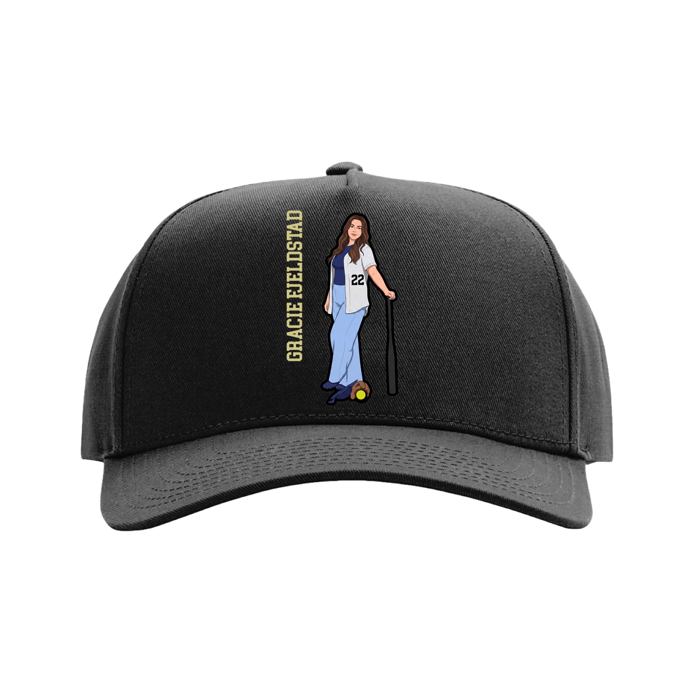 Full Fabric Five-Panel Champ Cap — Name Vertical in Black