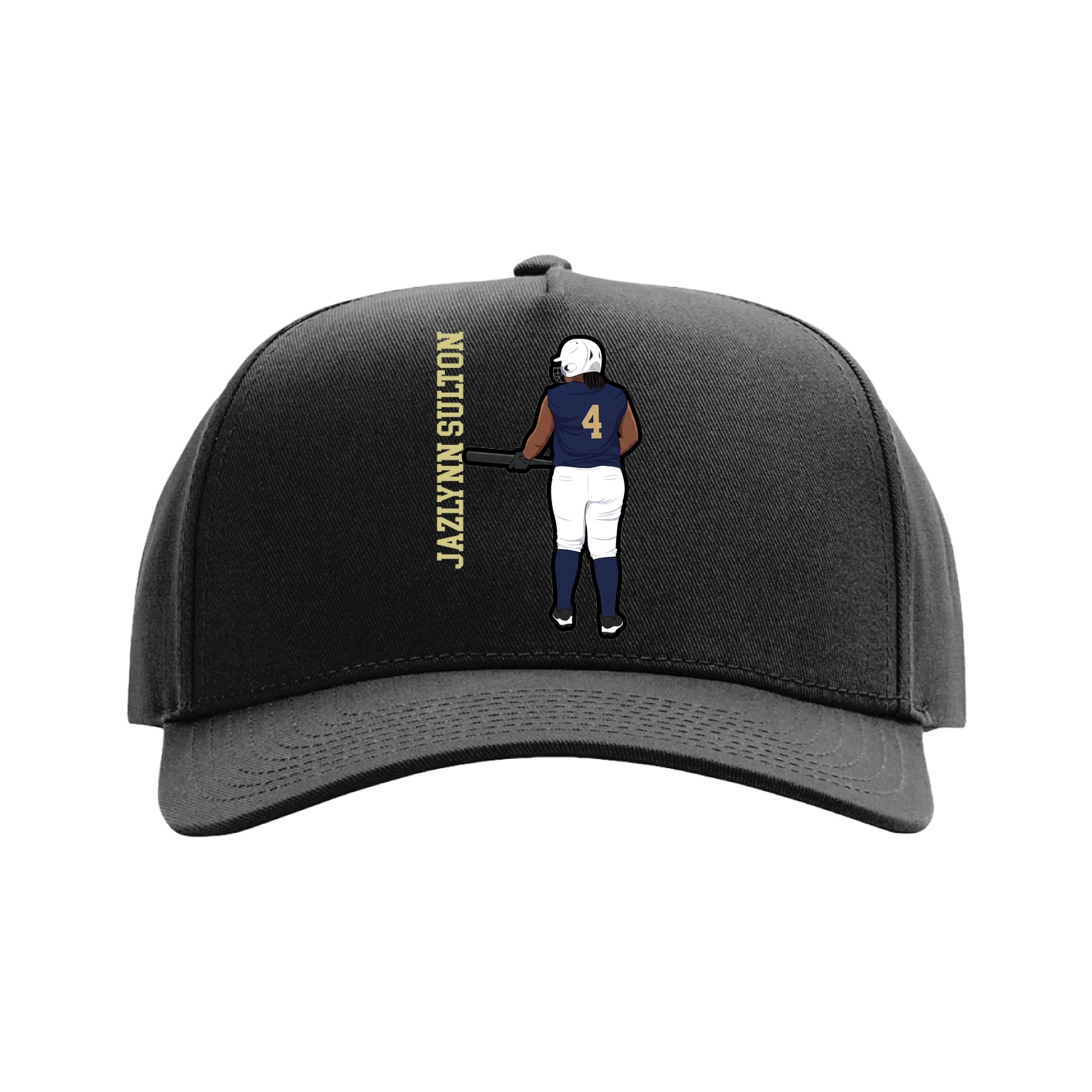 Full Fabric Five-Panel Champ Cap — Name Vertical in Black