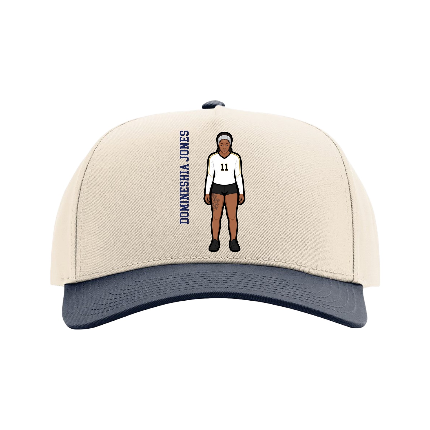Full Fabric Five-Panel Champ Cap — Name Vertical in Cream/Navy
