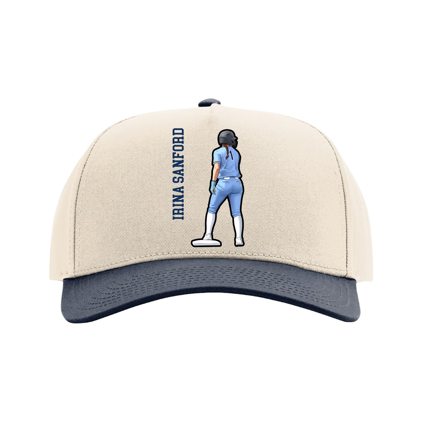 Full Fabric Five-Panel Champ Cap — Name Vertical in Cream/Navy