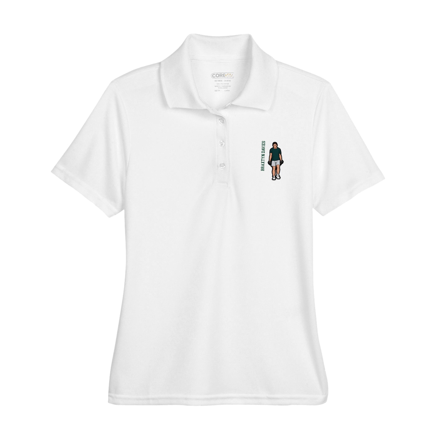 Womens Performance Polo — Name Vertical in White