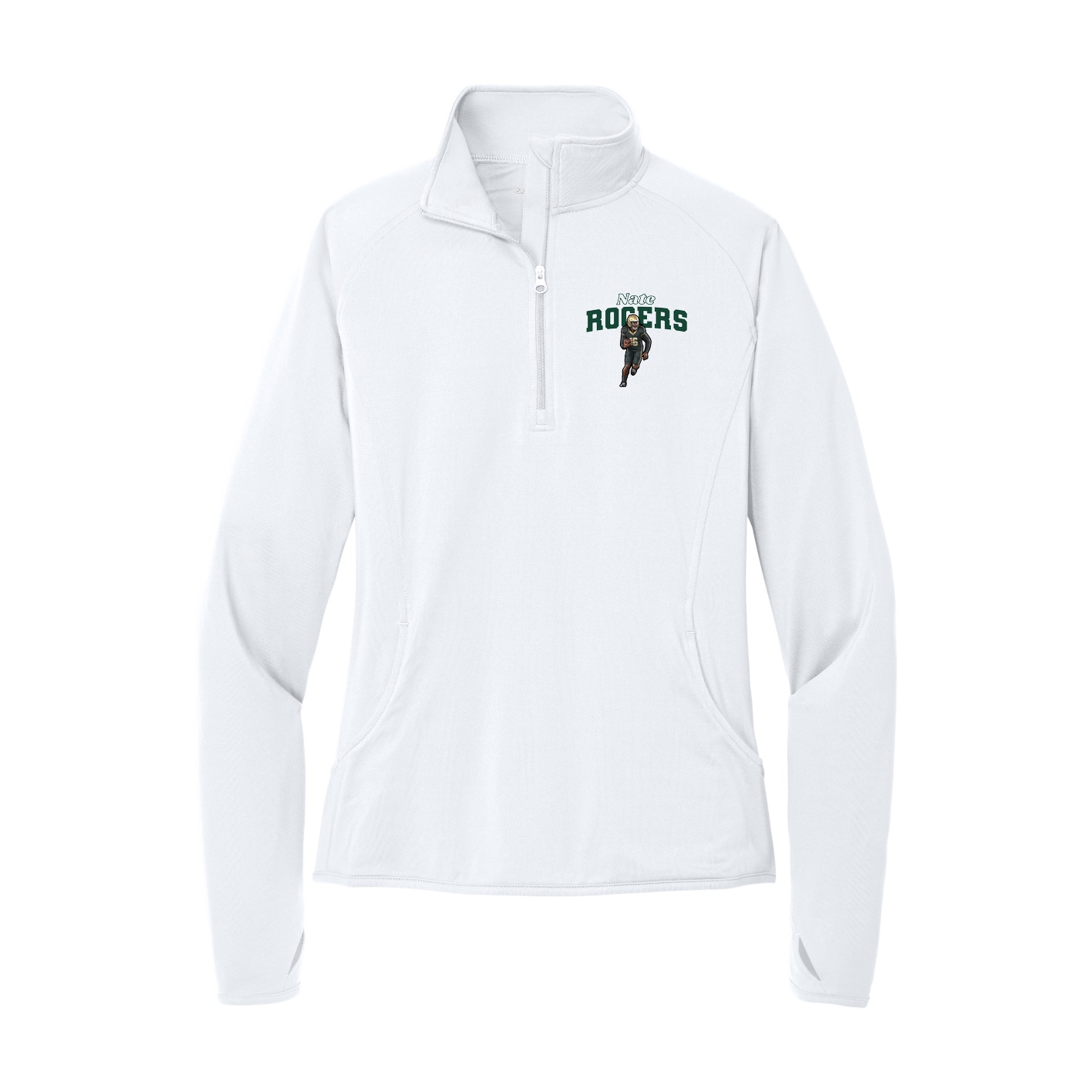 Women's Q-Zip Pullover — Name Arch in White