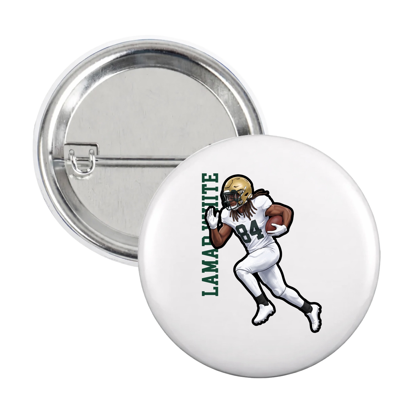 Game Day Button — Name Vertical in White