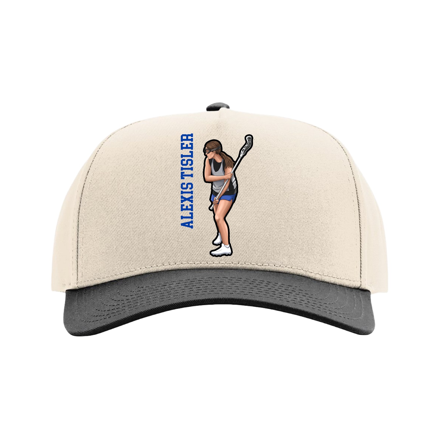 Full Fabric Five-Panel Champ Cap — Name Vertical in Cream/Black