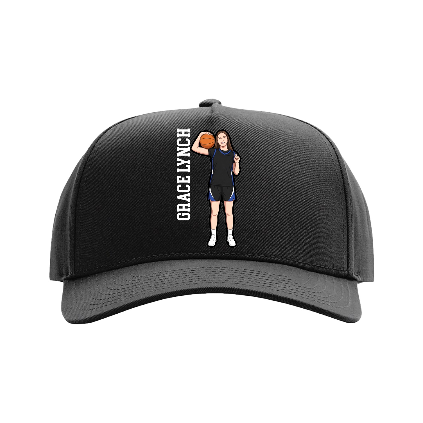 Full Fabric Five-Panel Champ Cap — Name Vertical in Black