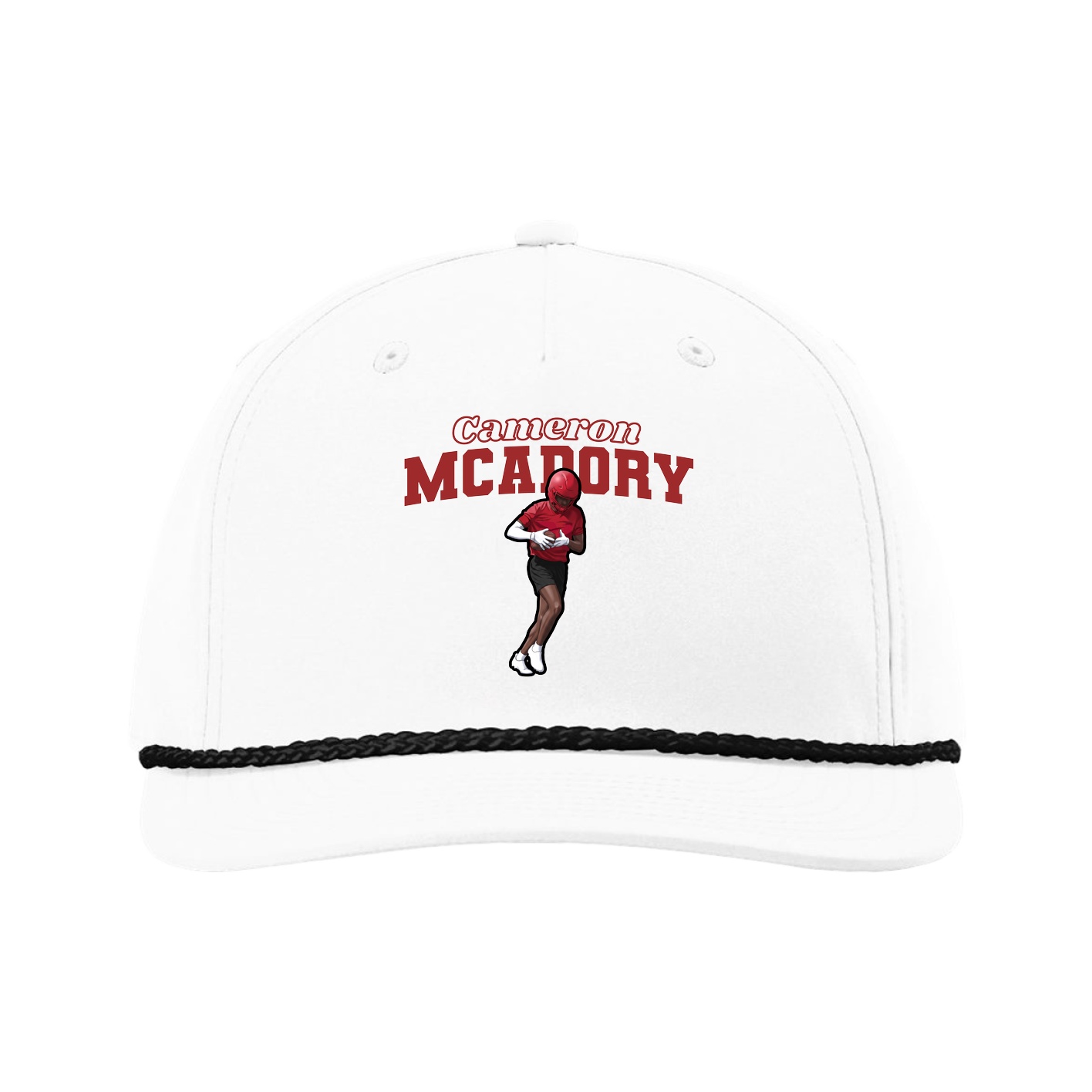 Five-Panel Classic Rope Cap — Name Arch in White