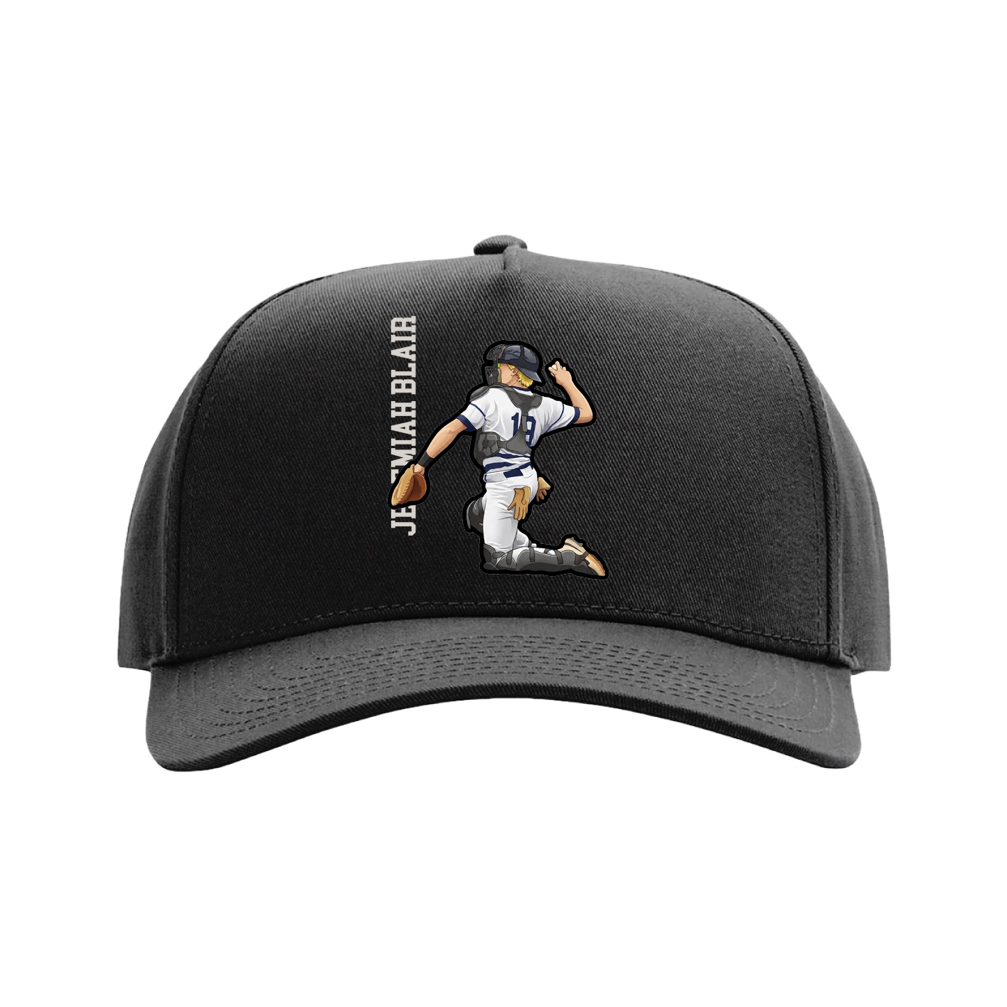 Full Fabric Five-Panel Champ Cap — Name Vertical in Black