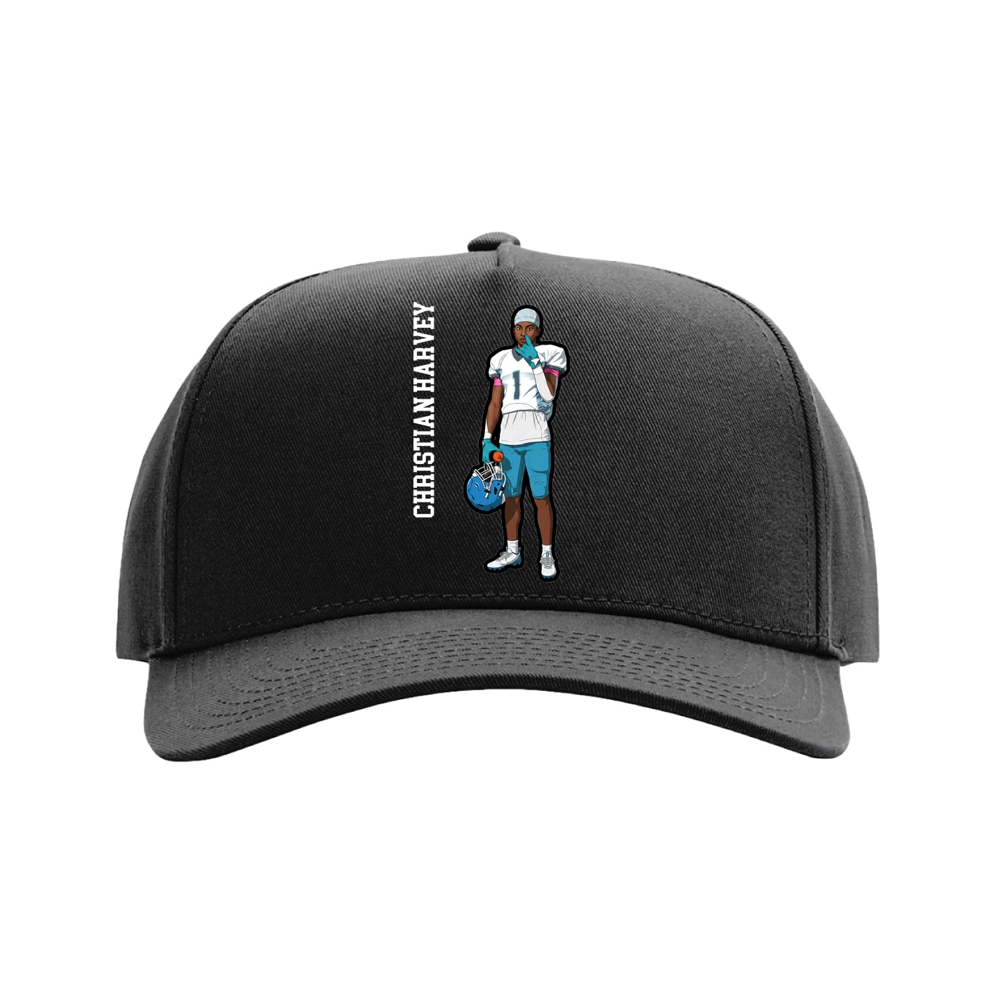 Full Fabric Five-Panel Champ Cap — Name Vertical in Black