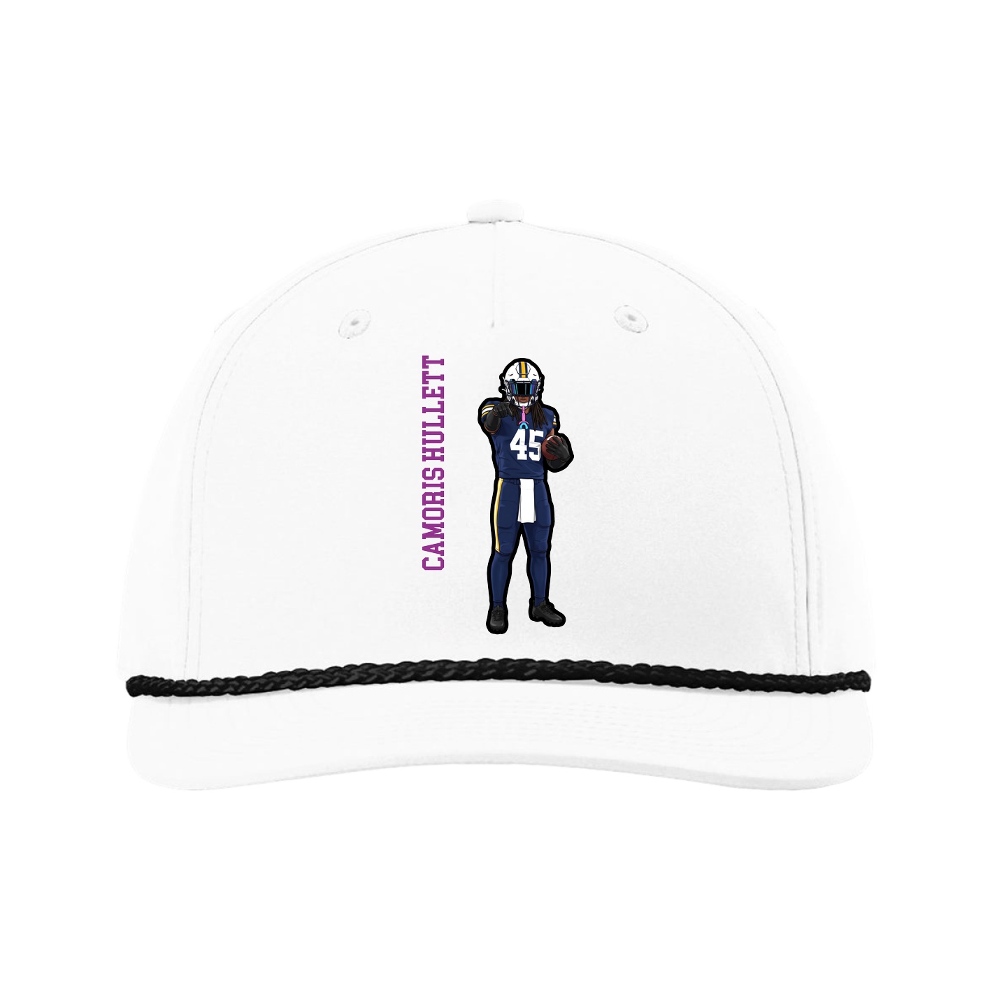 Five-Panel Classic Rope Cap — Name Vertical in White