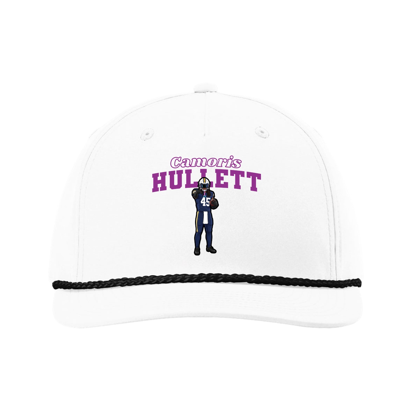Five-Panel Classic Rope Cap — Name Arch in White