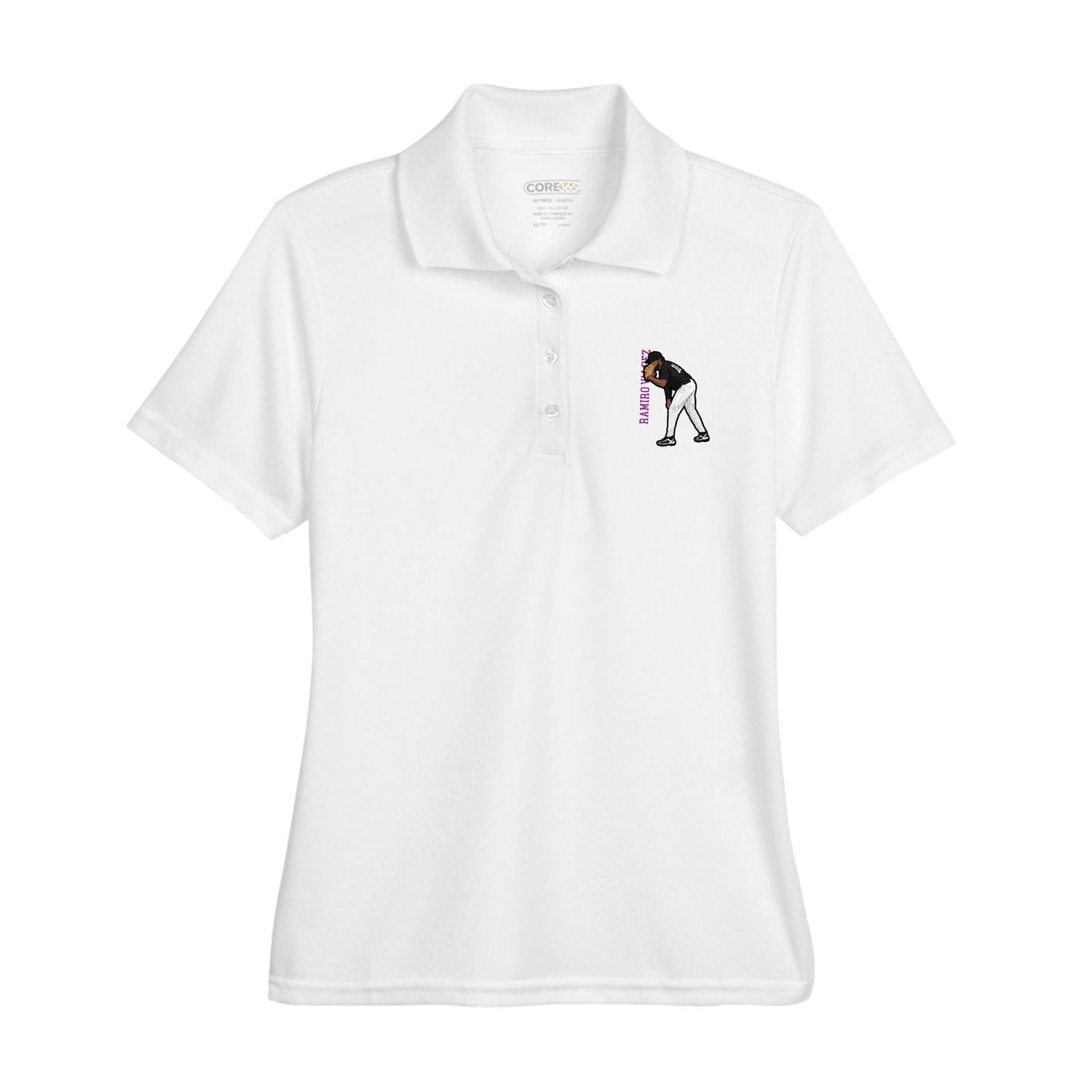 Womens Performance Polo — Name Vertical in White